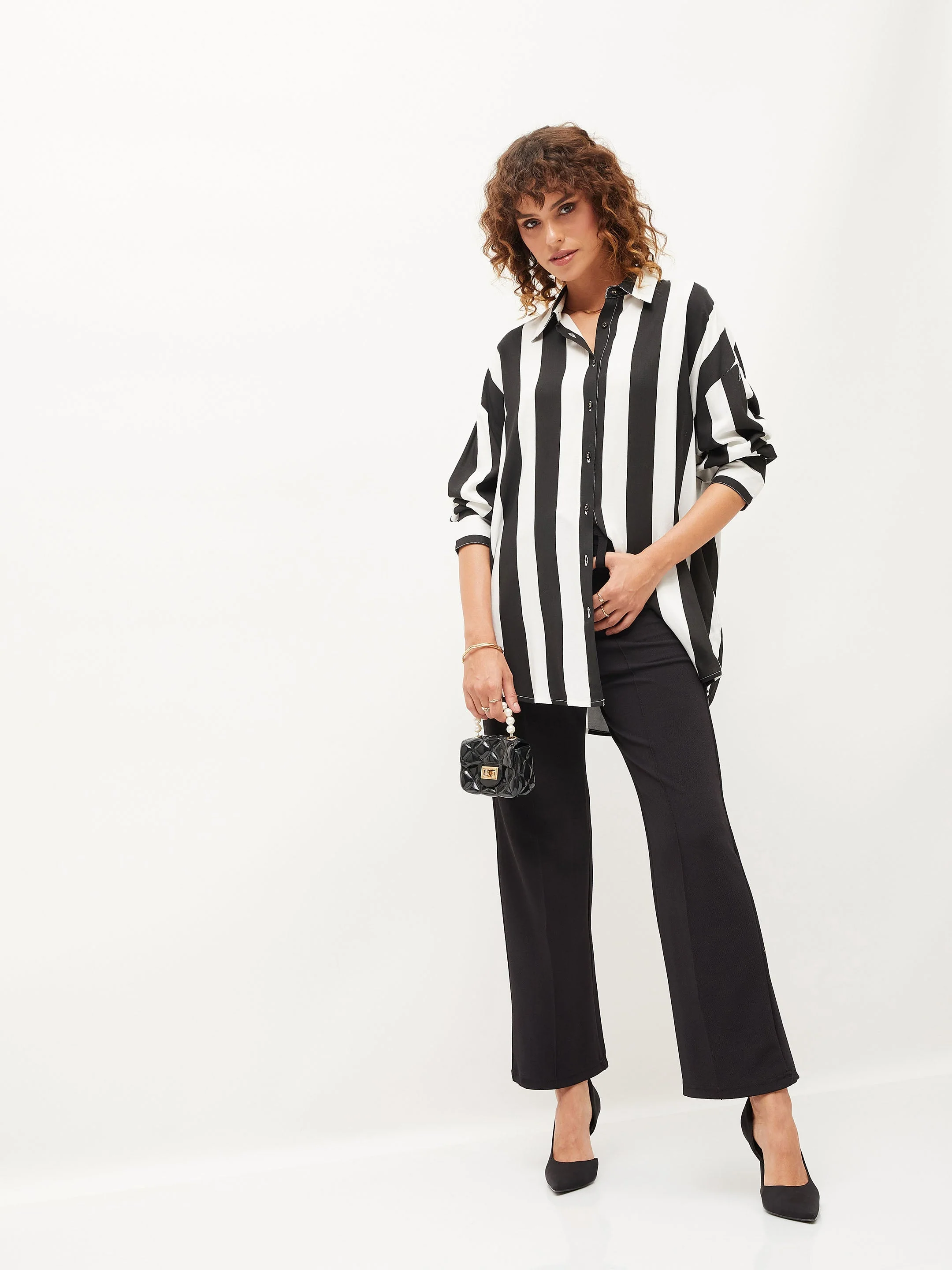 Women Black & White Striped Oversized Shirt - Image 6