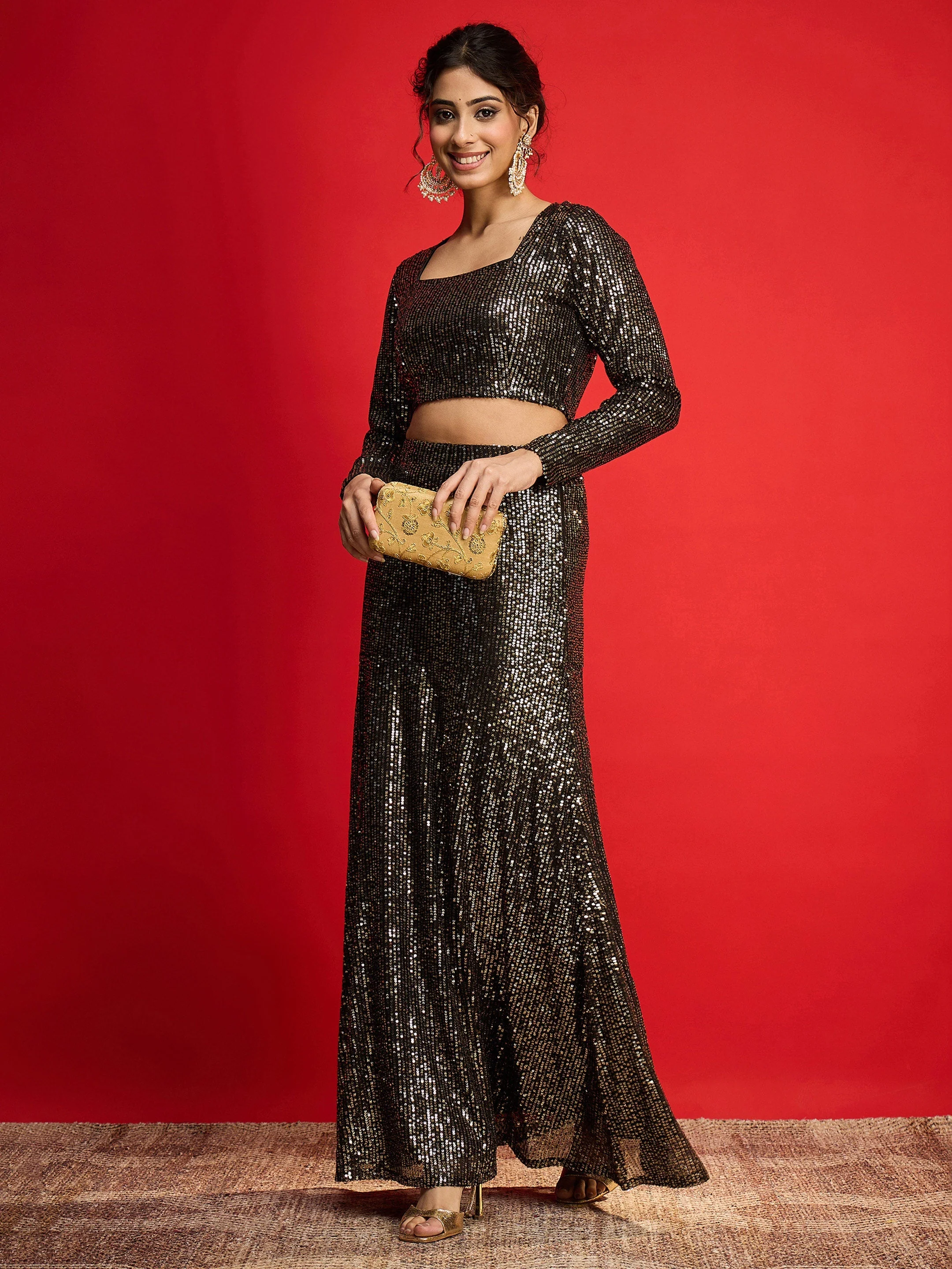 Women Black With Golden Sequence Crop Top With Fish Cut Skirt - Image 2