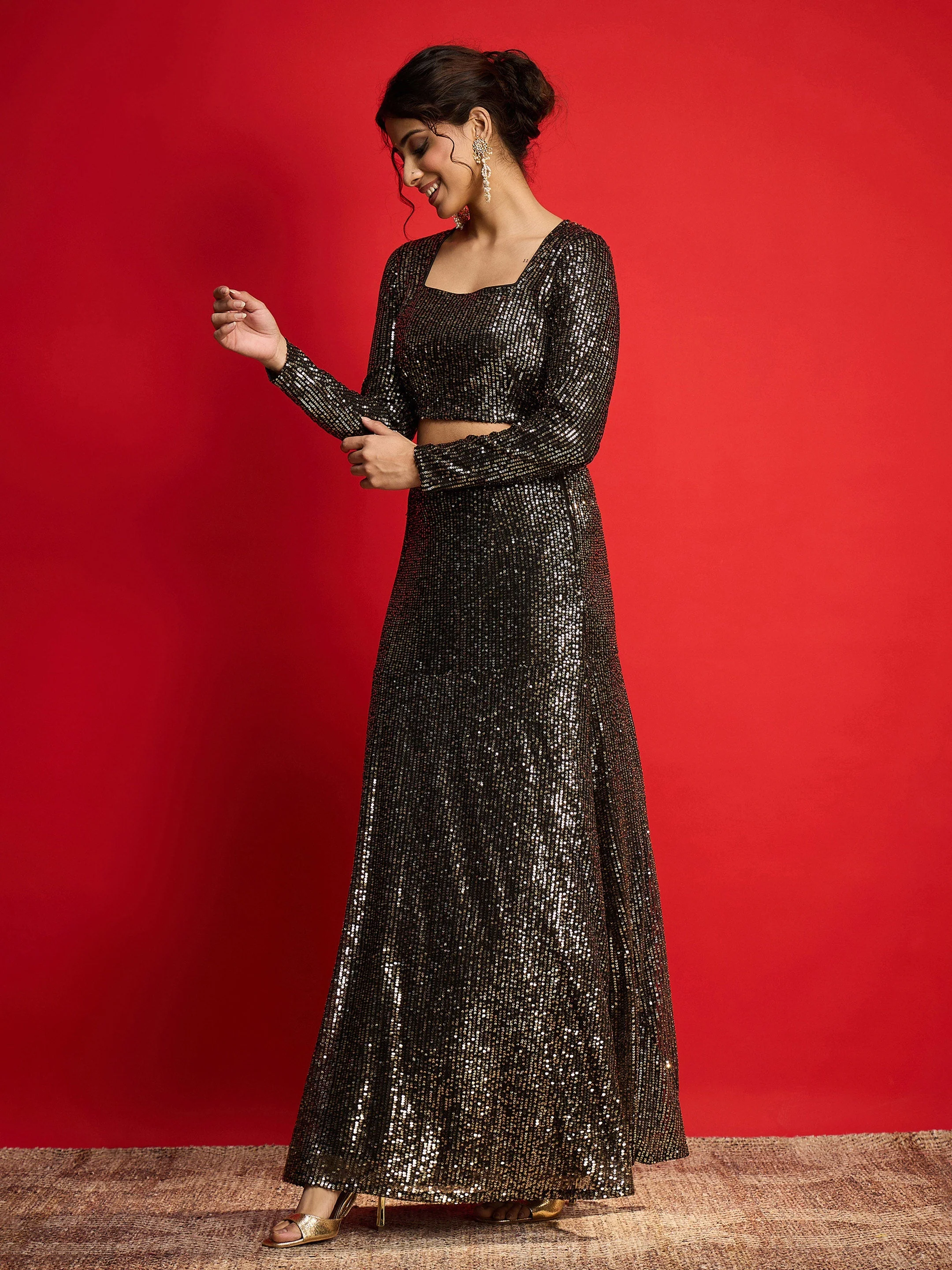 Women Black With Golden Sequence Crop Top With Fish Cut Skirt - Image 3