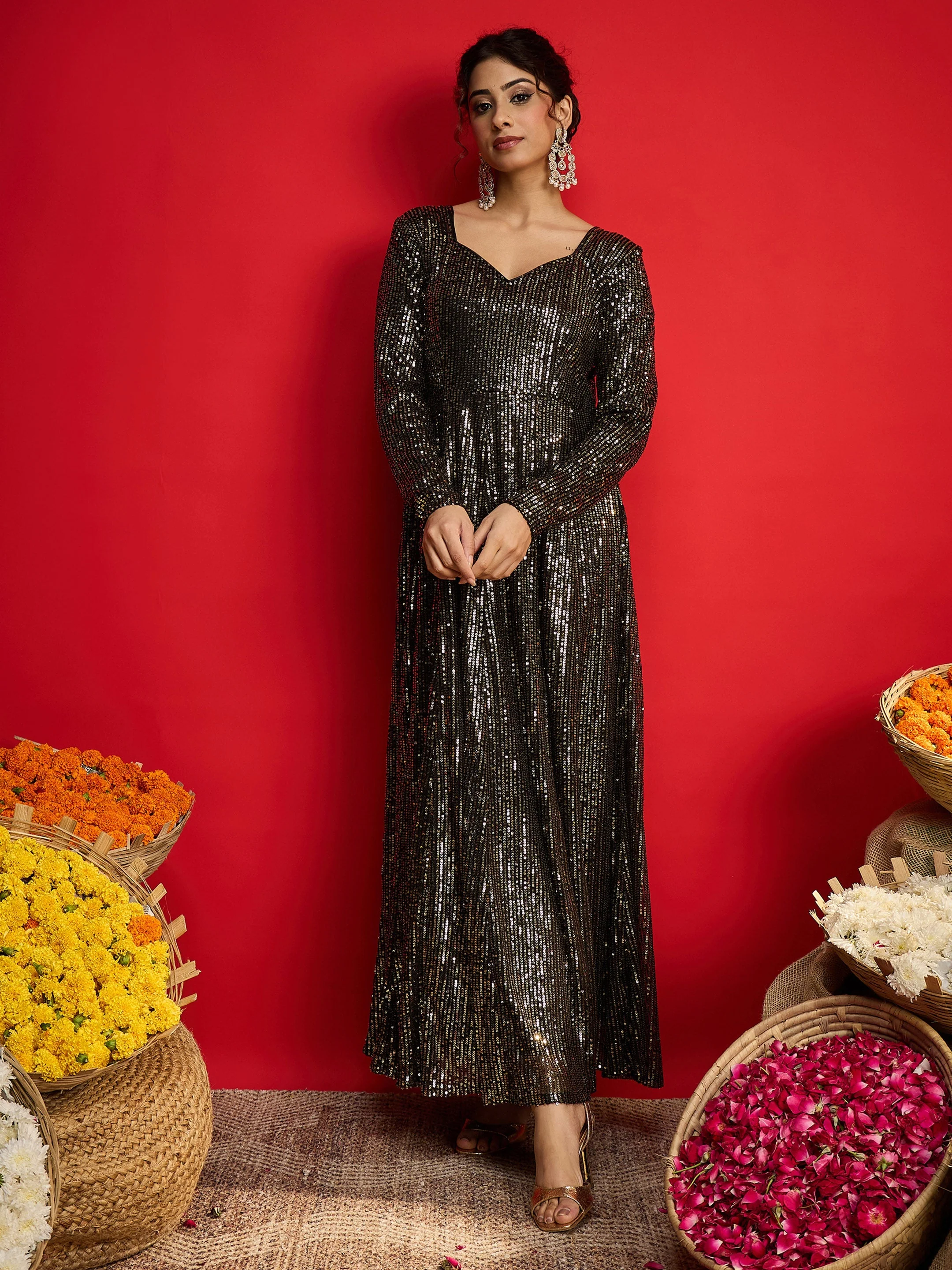 Women Black With Golden Sequins  Anarkali Dress - Image 2