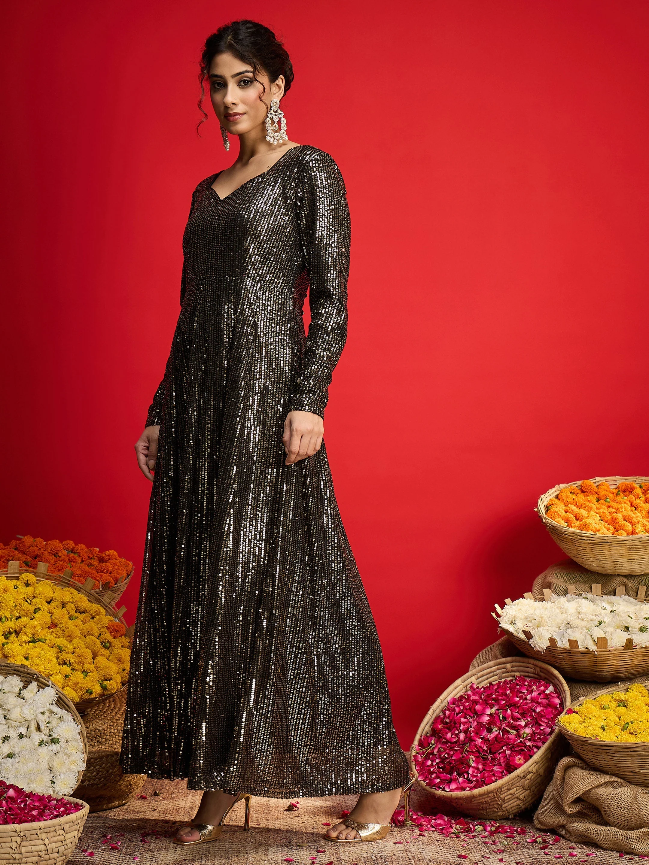 Women Black With Golden Sequins  Anarkali Dress - Image 3