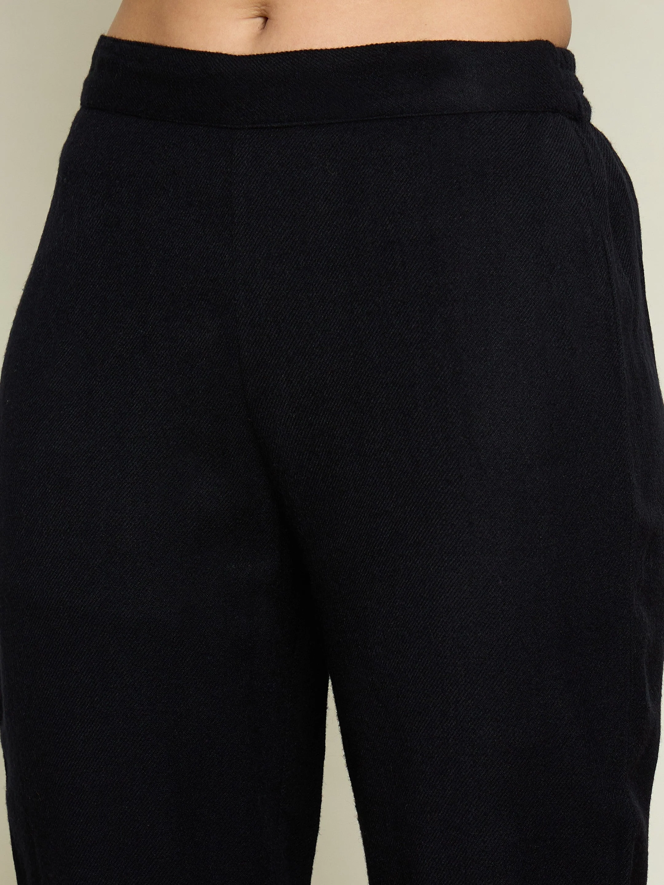 Women Black Woollen Embroidered Round Neck Short Kurta With Pencil Pants - Image 5