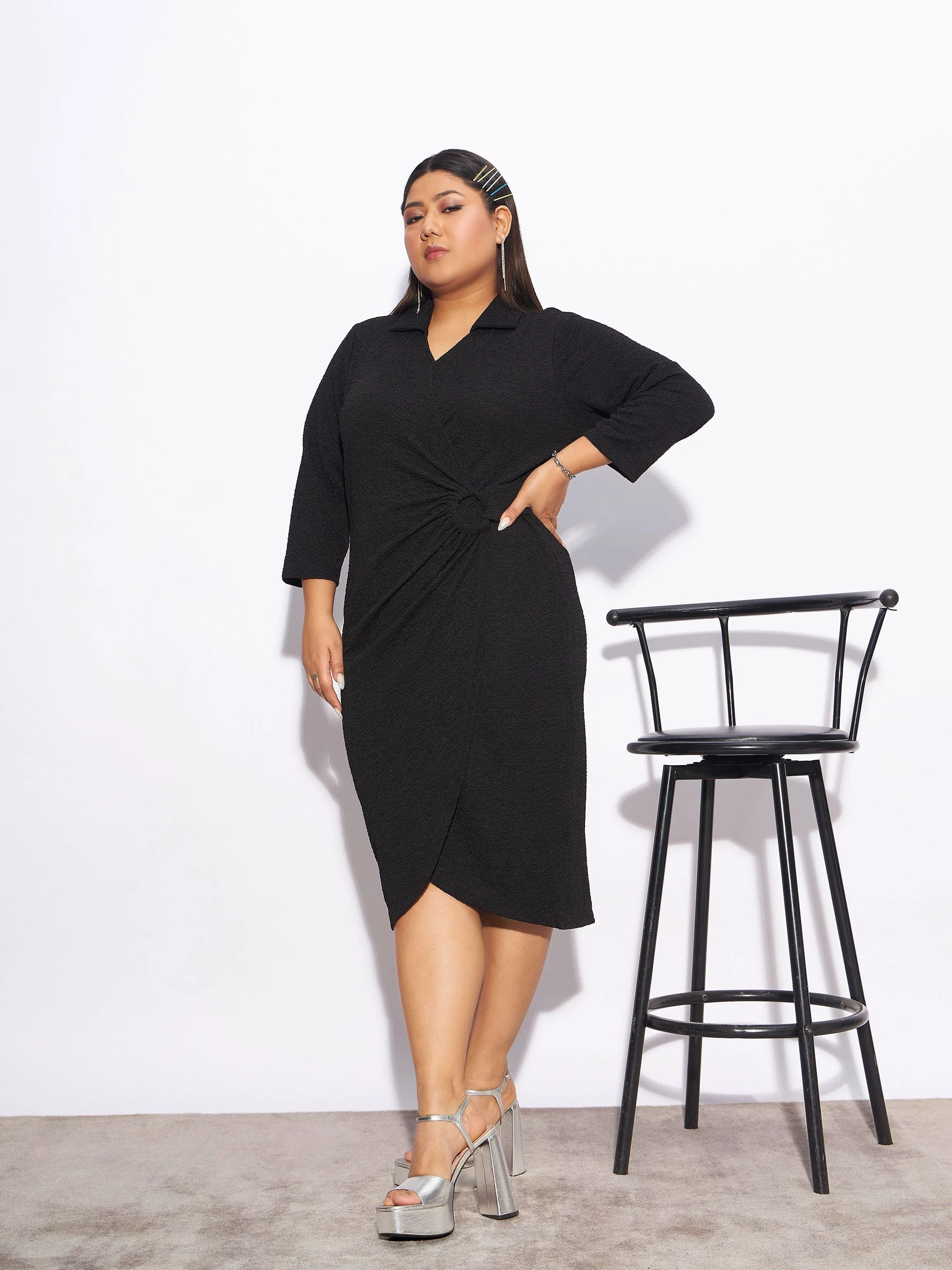 Women Black Wrap Bodycon Dress - Image 3