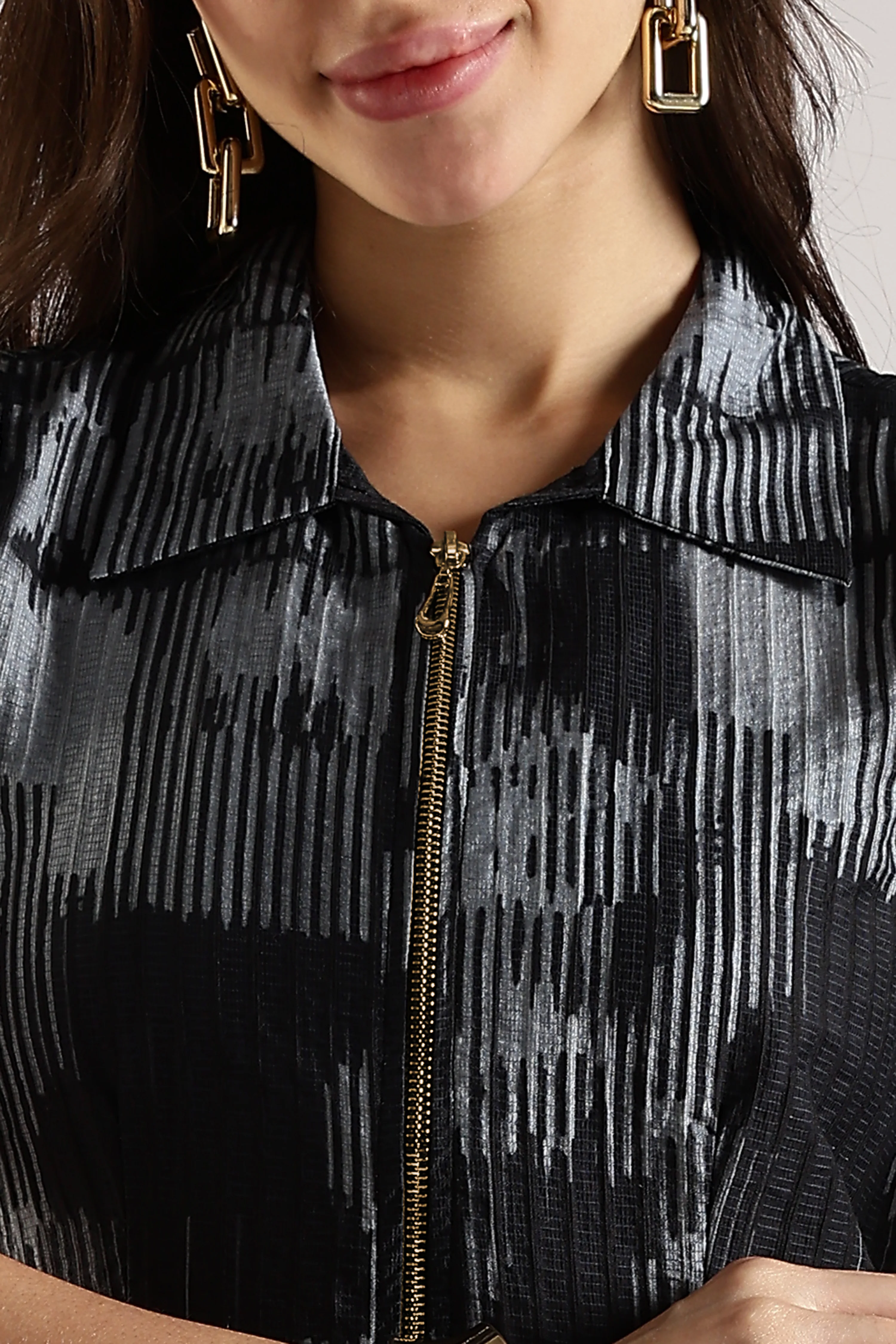 Women Black Front Zipper Shirt Dress - Image 3