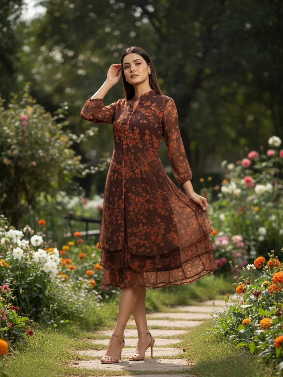Women Bloom Brown Chiffon Dress - Image 2