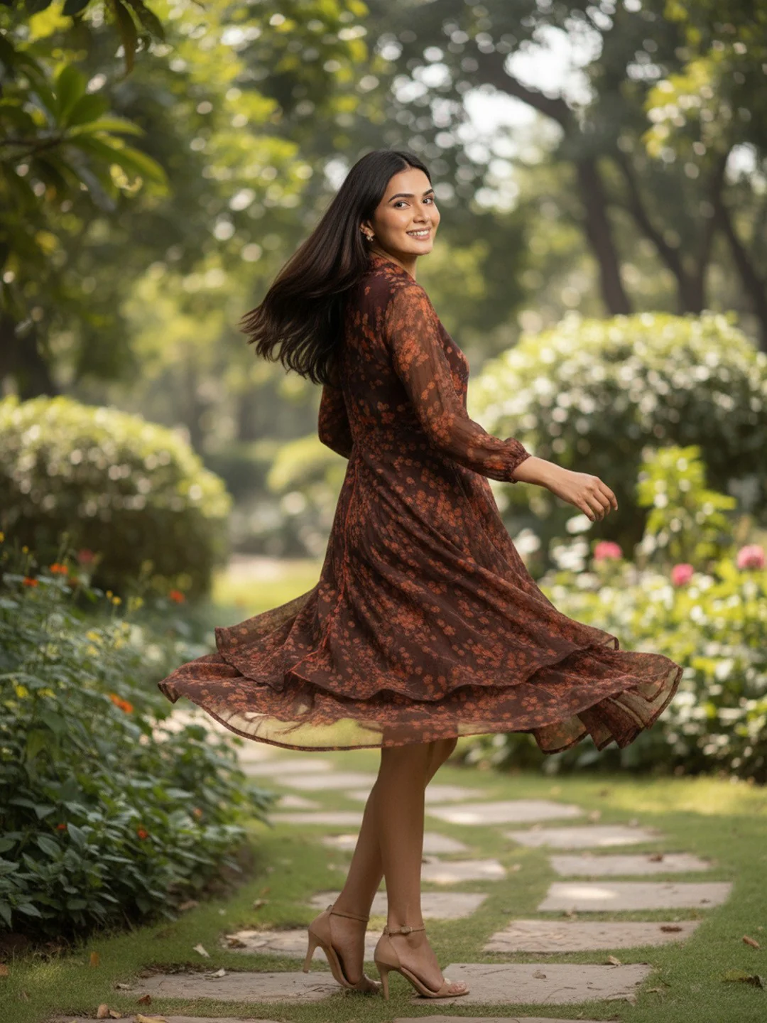 Women Bloom Brown Chiffon Dress - Image 3