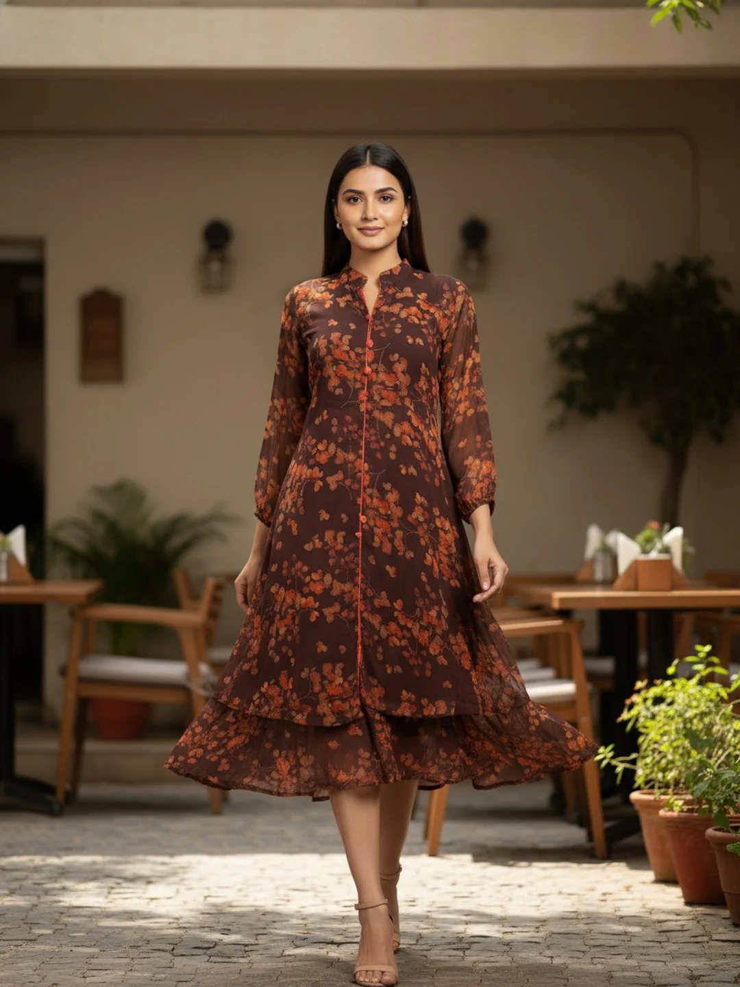 Women Bloom Brown Chiffon Dress - Image 4