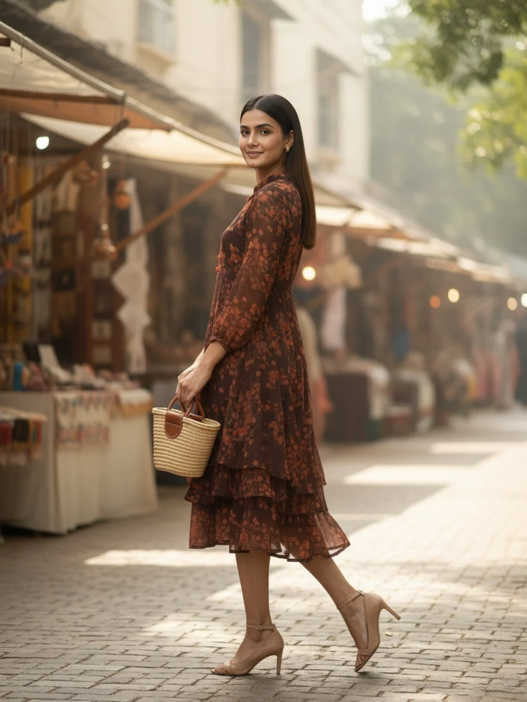 Women Bloom Brown Chiffon Dress - Image 5
