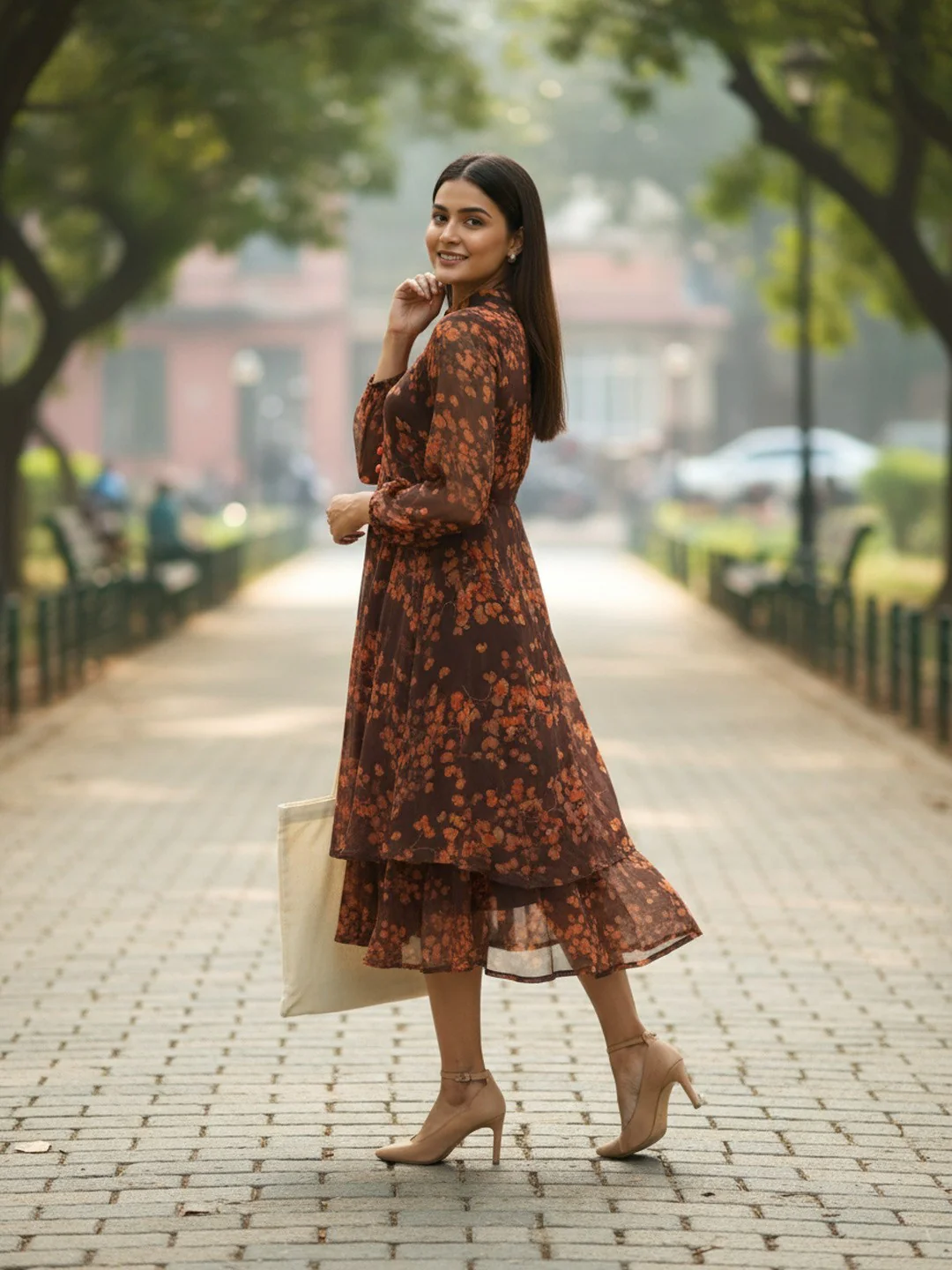 Women Bloom Brown Chiffon Dress - Image 6