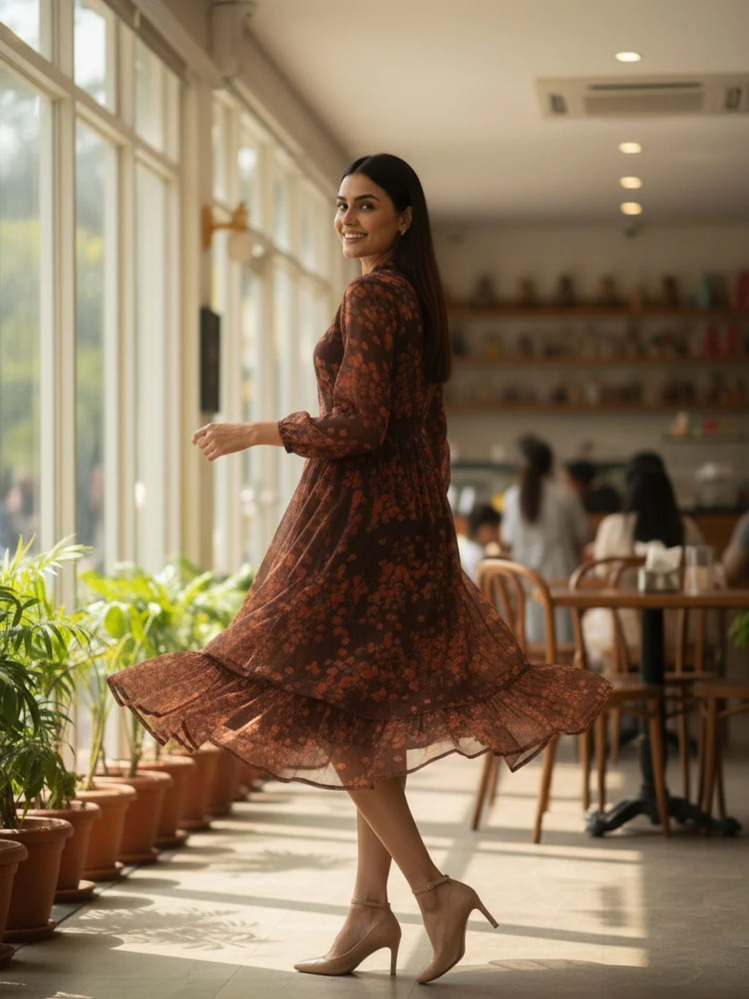 Women Bloom Brown Chiffon Dress - Image 7