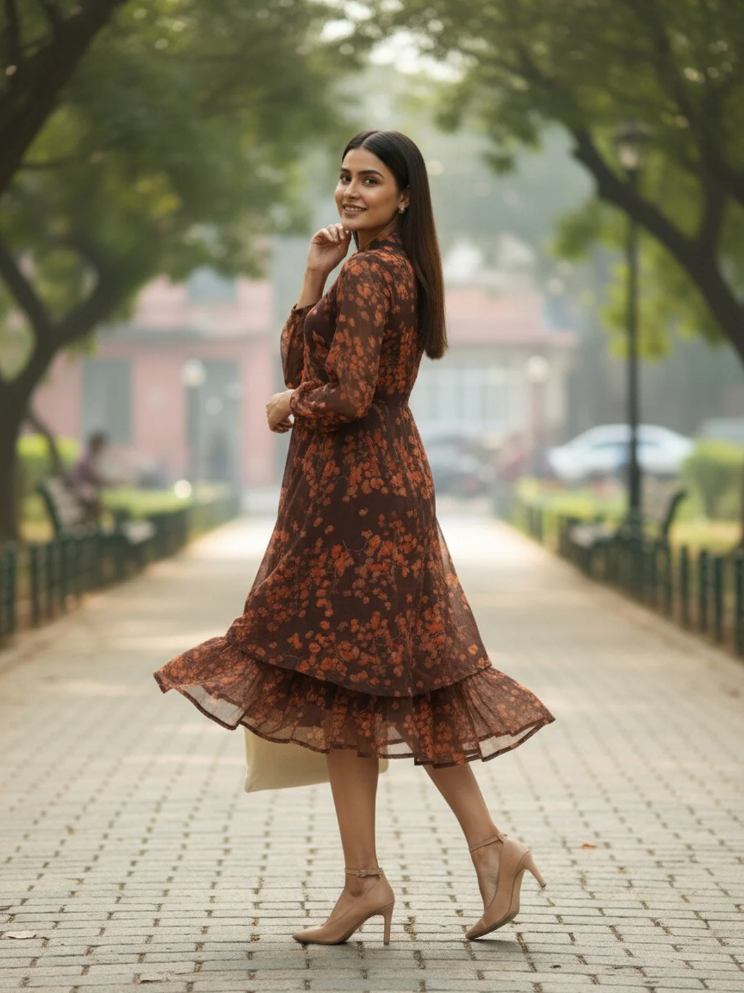 Women Bloom Brown Chiffon Dress - Image 8