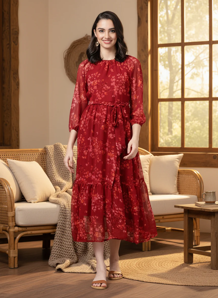 Women Bloom Maroon Chiffon Dress - Image 2