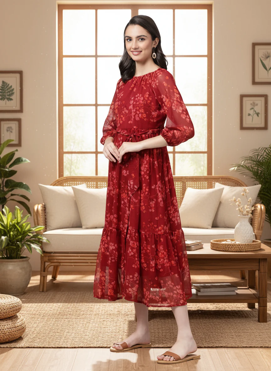 Women Bloom Maroon Chiffon Dress - Image 3