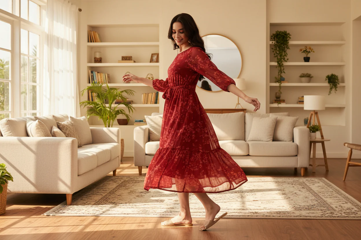 Women Bloom Maroon Chiffon Dress - Image 4