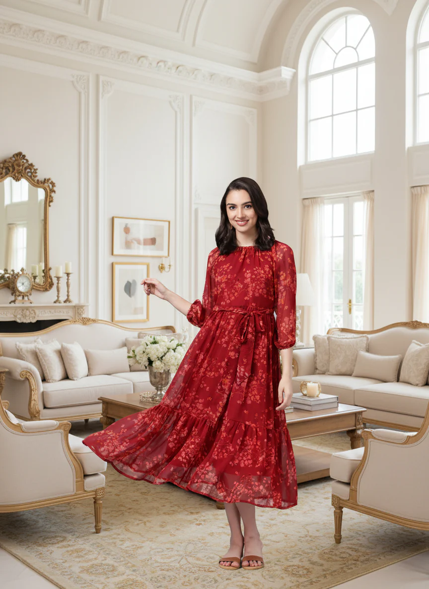 Women Bloom Maroon Chiffon Dress - Image 5