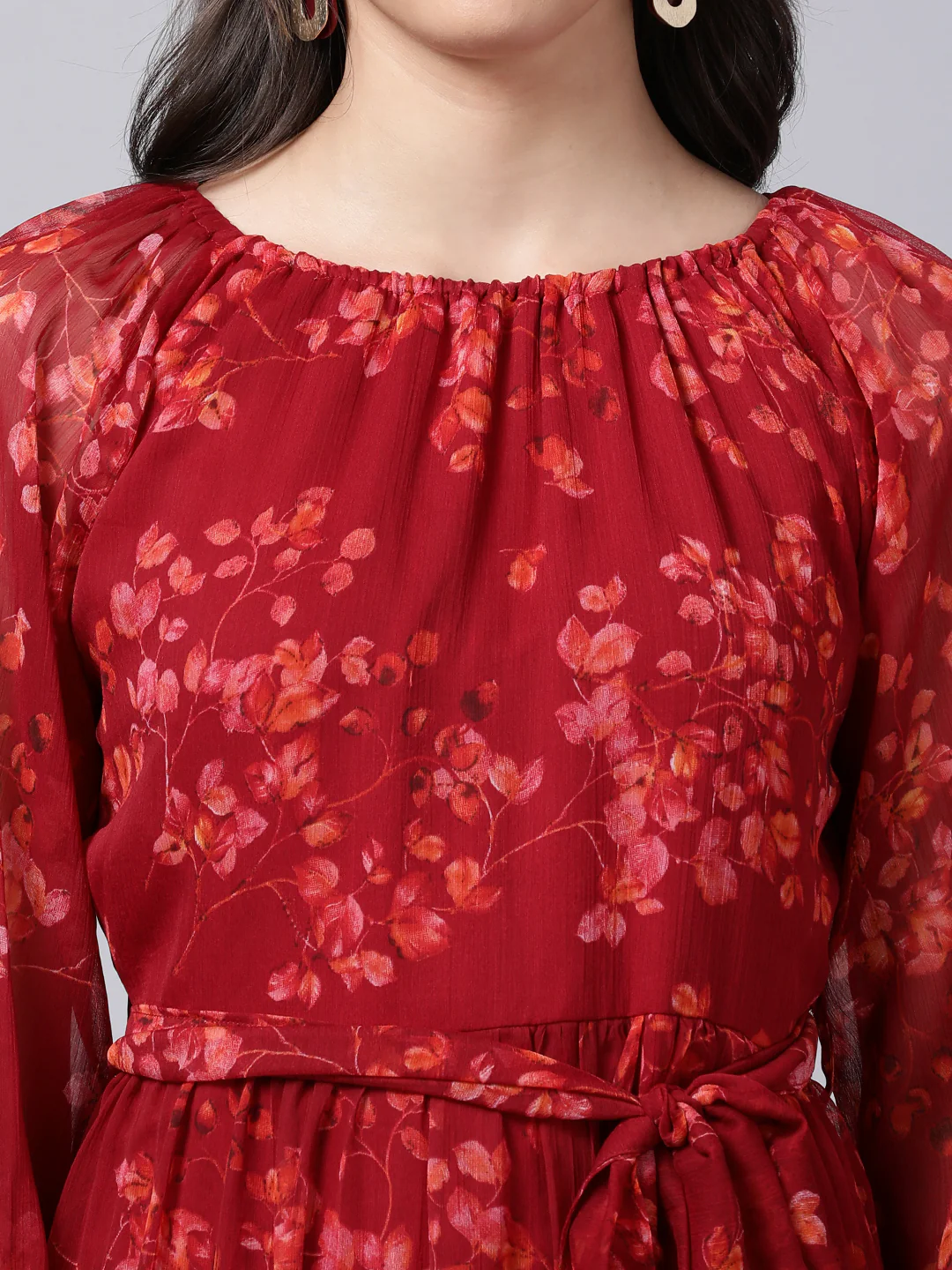 Women Bloom Maroon Chiffon Dress - Image 6