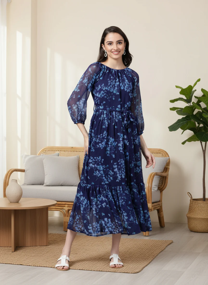 Women Bloom Navy Chiffon Dress - Image 2