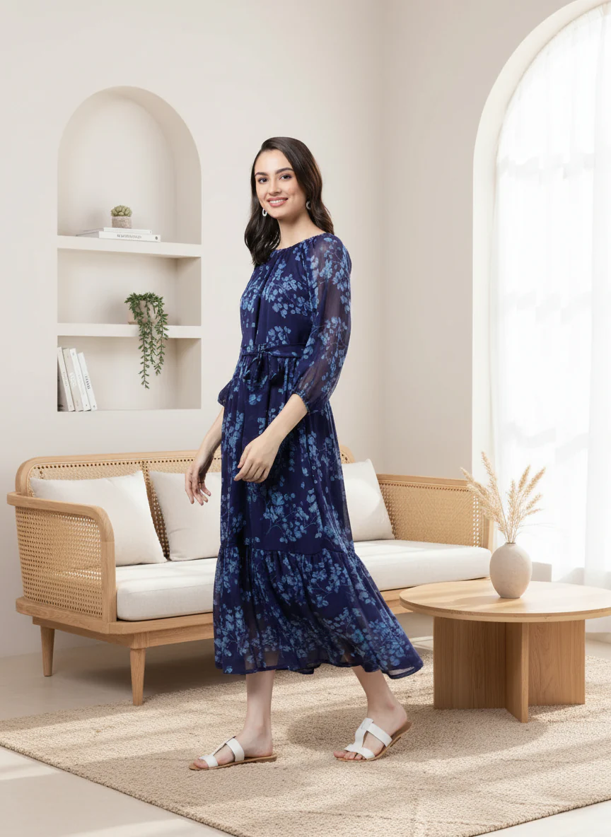 Women Bloom Navy Chiffon Dress - Image 3