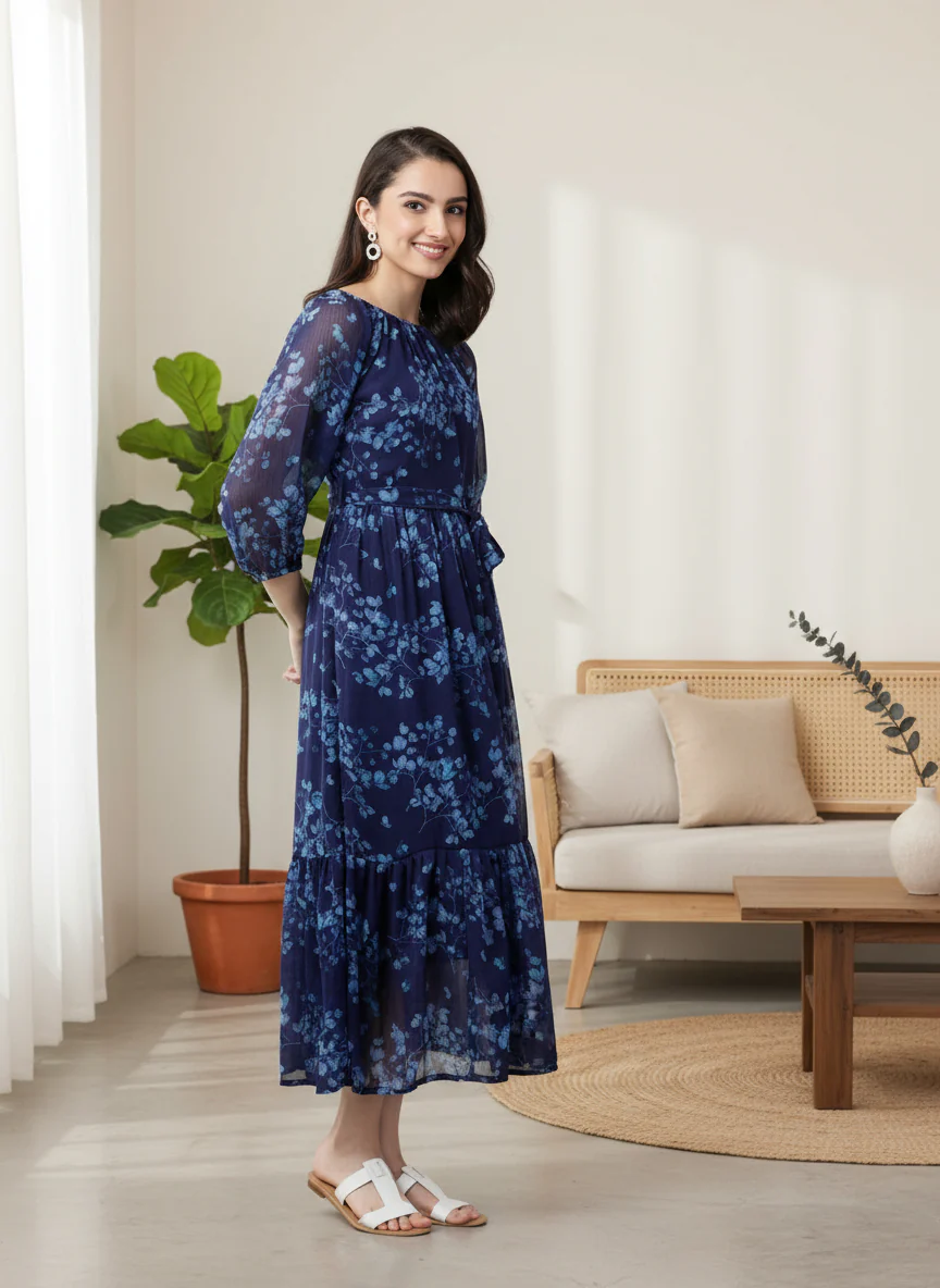 Women Bloom Navy Chiffon Dress - Image 4