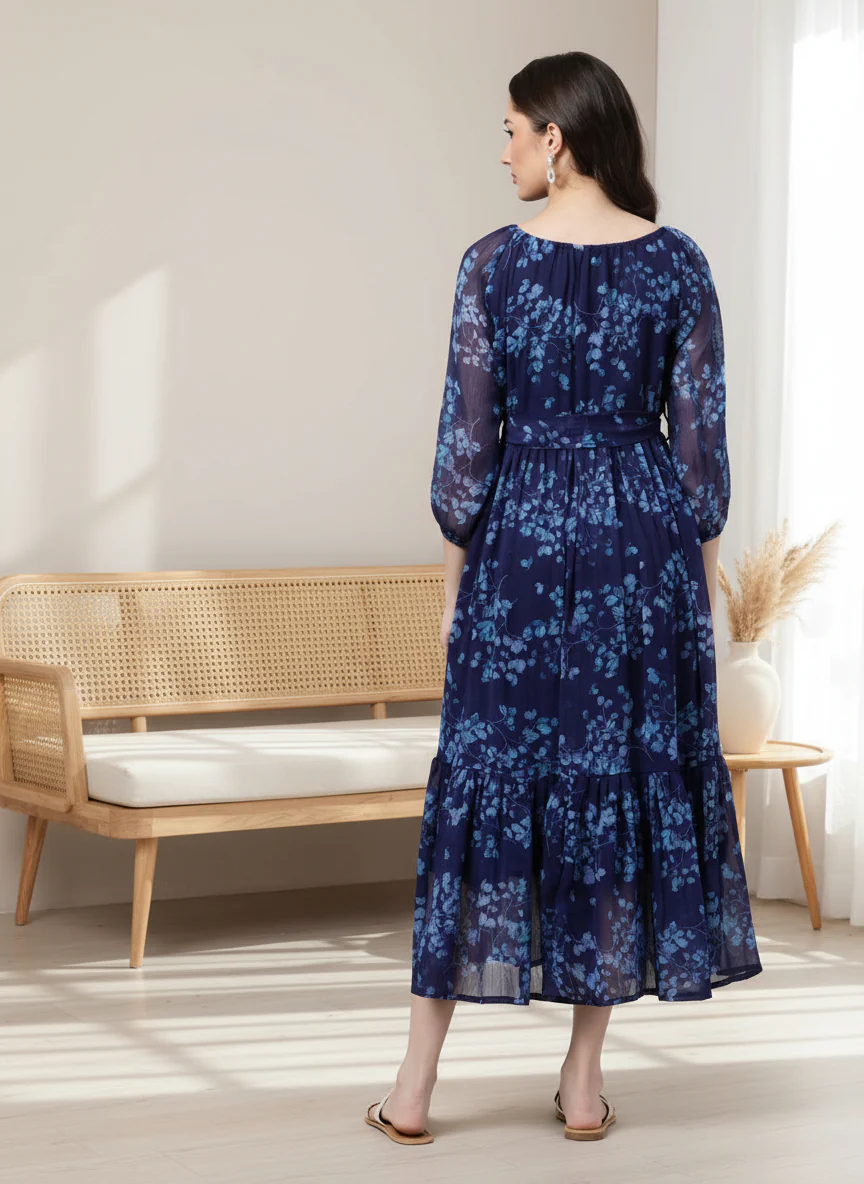 Women Bloom Navy Chiffon Dress - Image 5