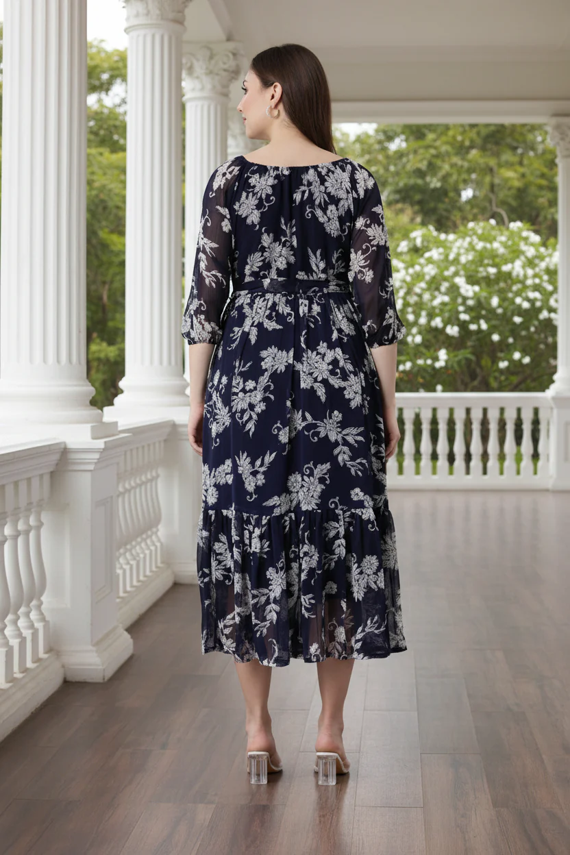Women Bloom Navy Chiffon Dress - Image 2