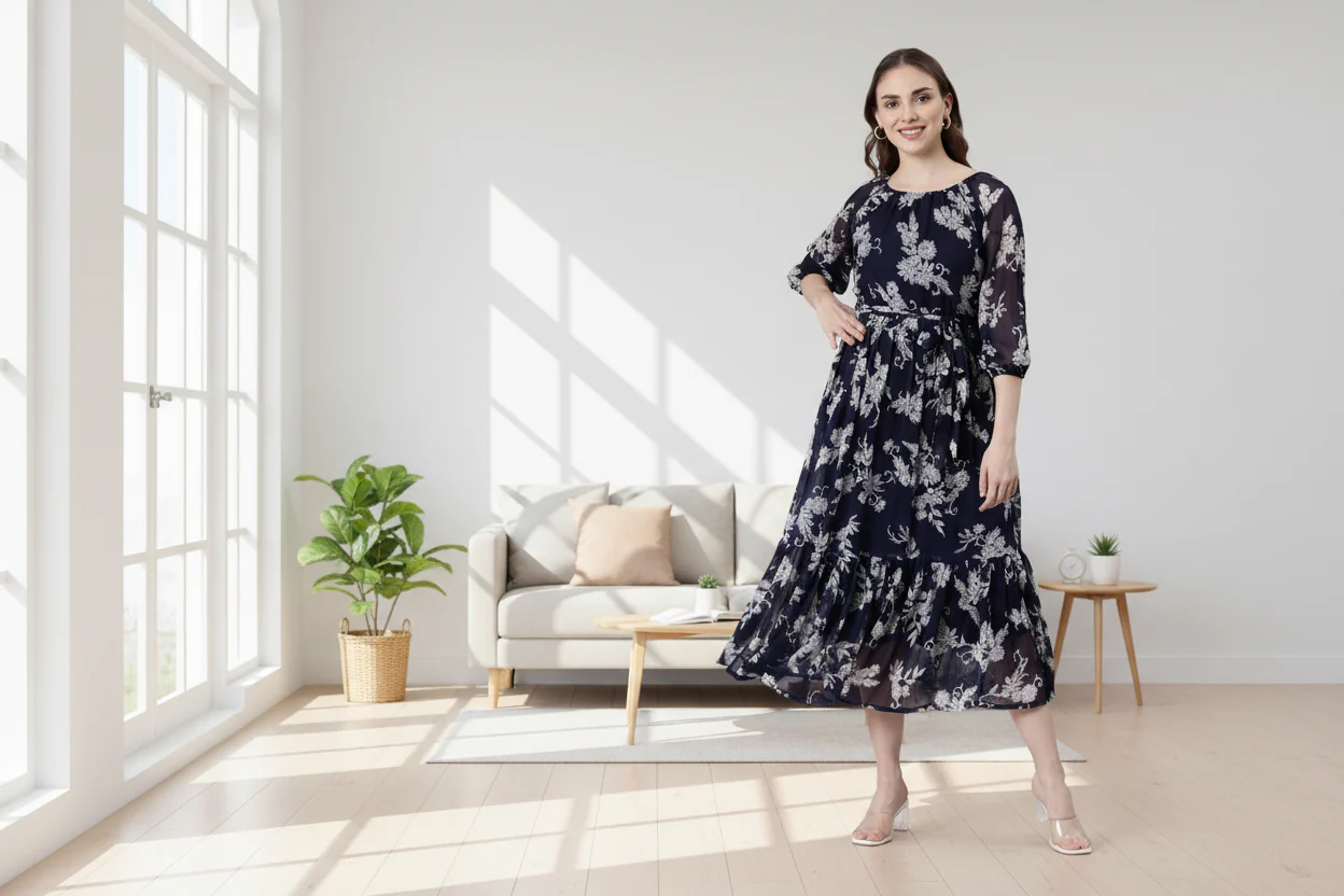 Women Bloom Navy Chiffon Dress - Image 3