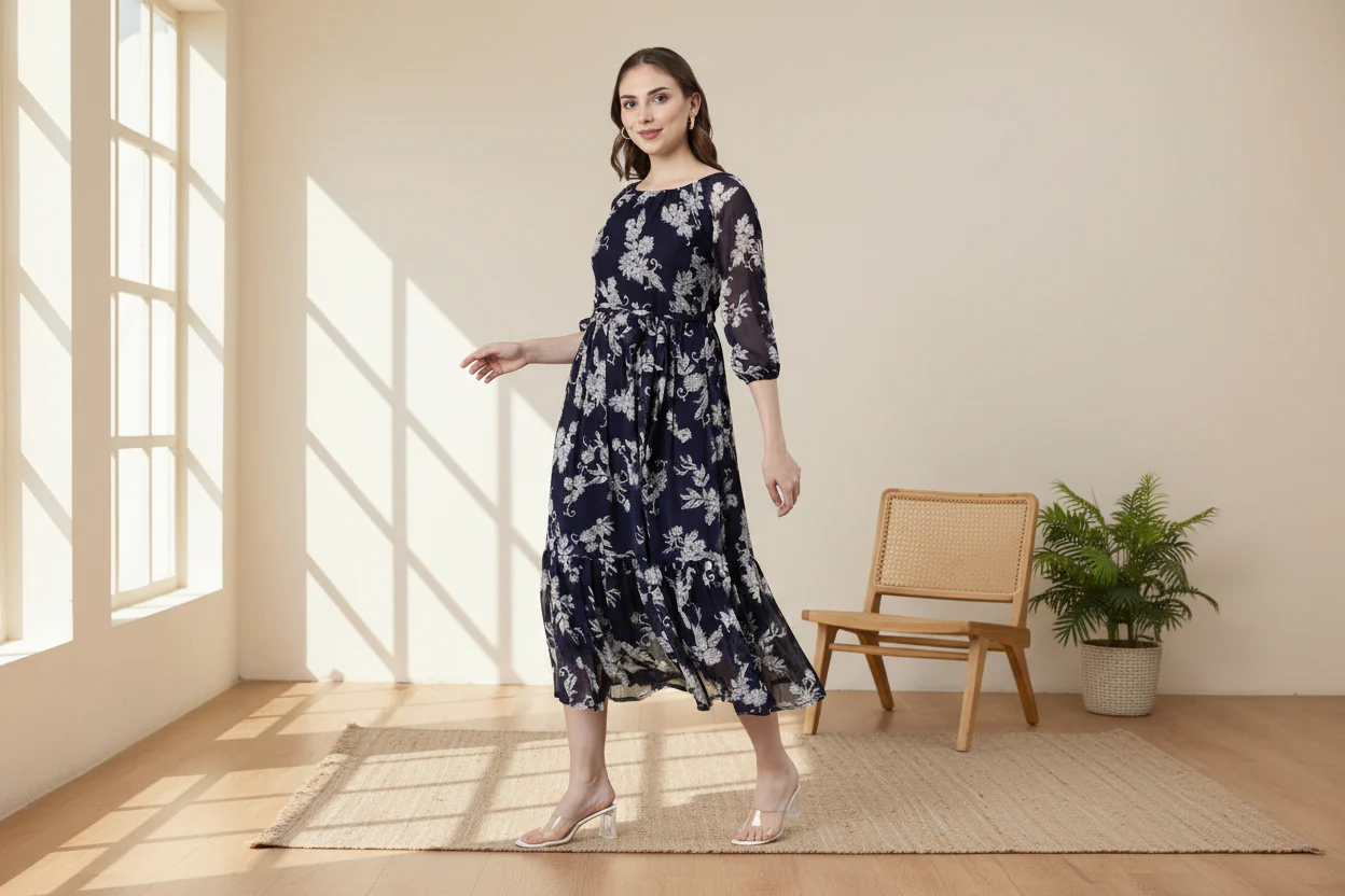 Women Bloom Navy Chiffon Dress - Image 4