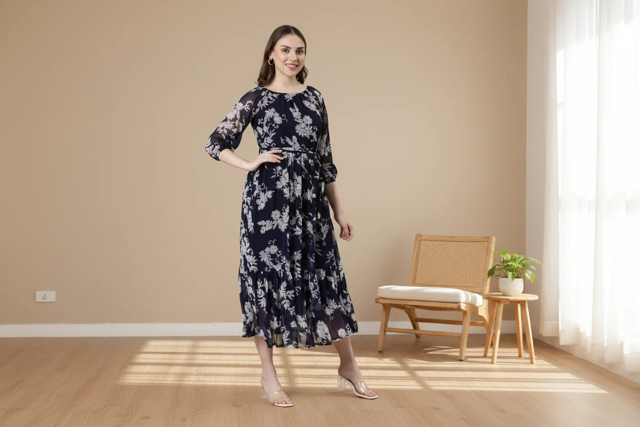 Women Bloom Navy Chiffon Dress - Image 6