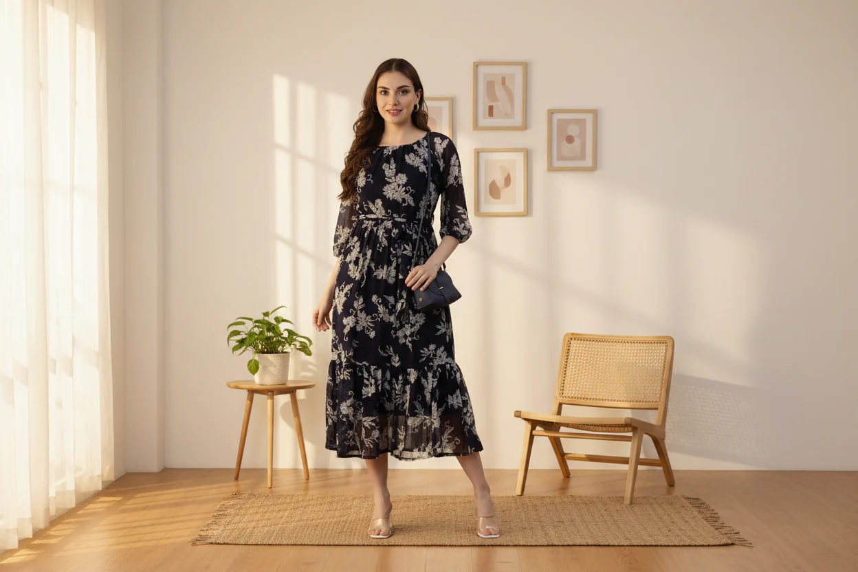 Women Bloom Navy Chiffon Dress - Image 7