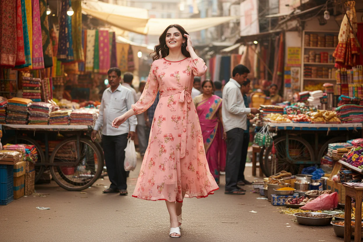 Women Bloom Peach Chiffon Dress - Image 2