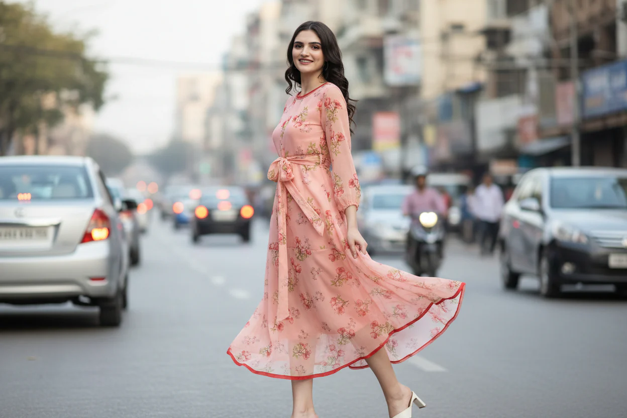Women Bloom Peach Chiffon Dress - Image 3