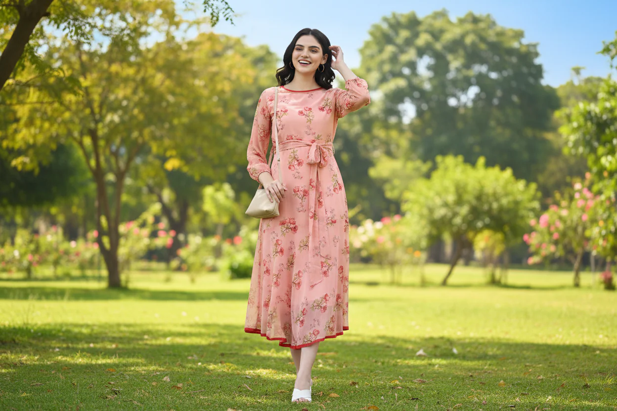 Women Bloom Peach Chiffon Dress - Image 4