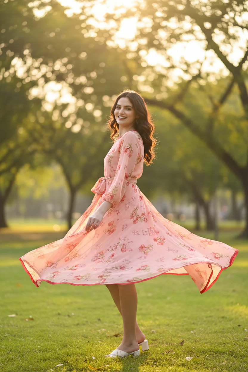 Women Bloom Peach Chiffon Dress - Image 5