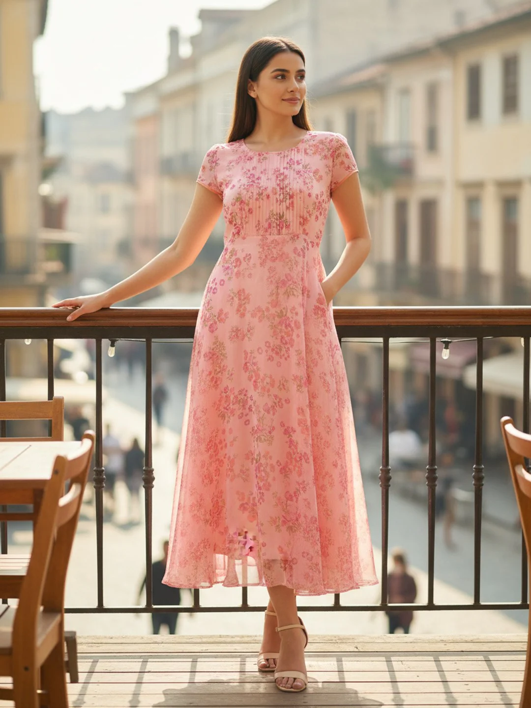 Women Bloom Pink Chiffon Dress - Image 6