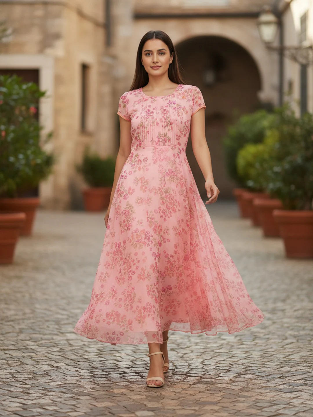 Women Bloom Pink Chiffon Dress - Image 8