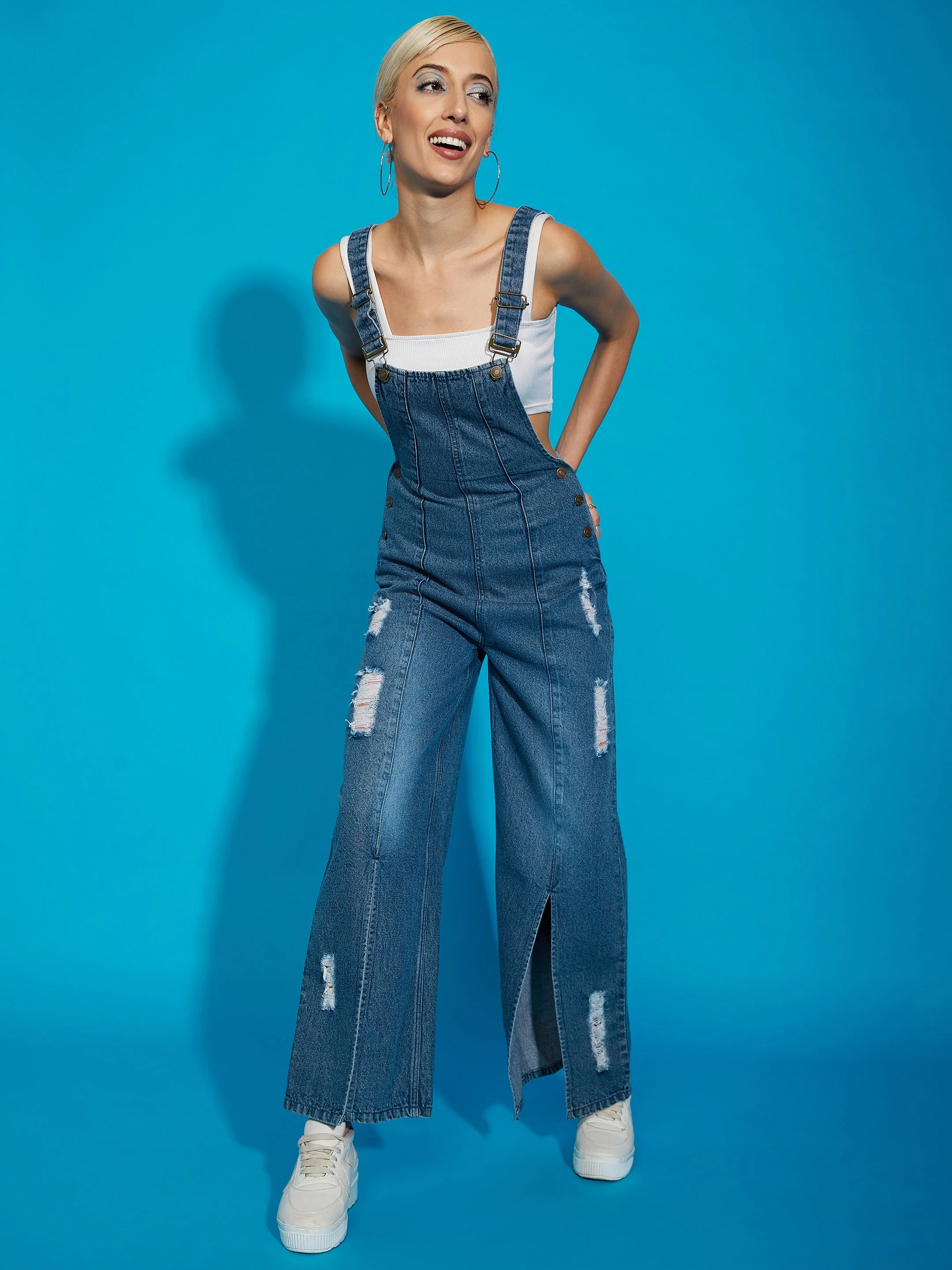Women Blue Acid Wash Denim Distress Regular Jumpsuit - Image 2