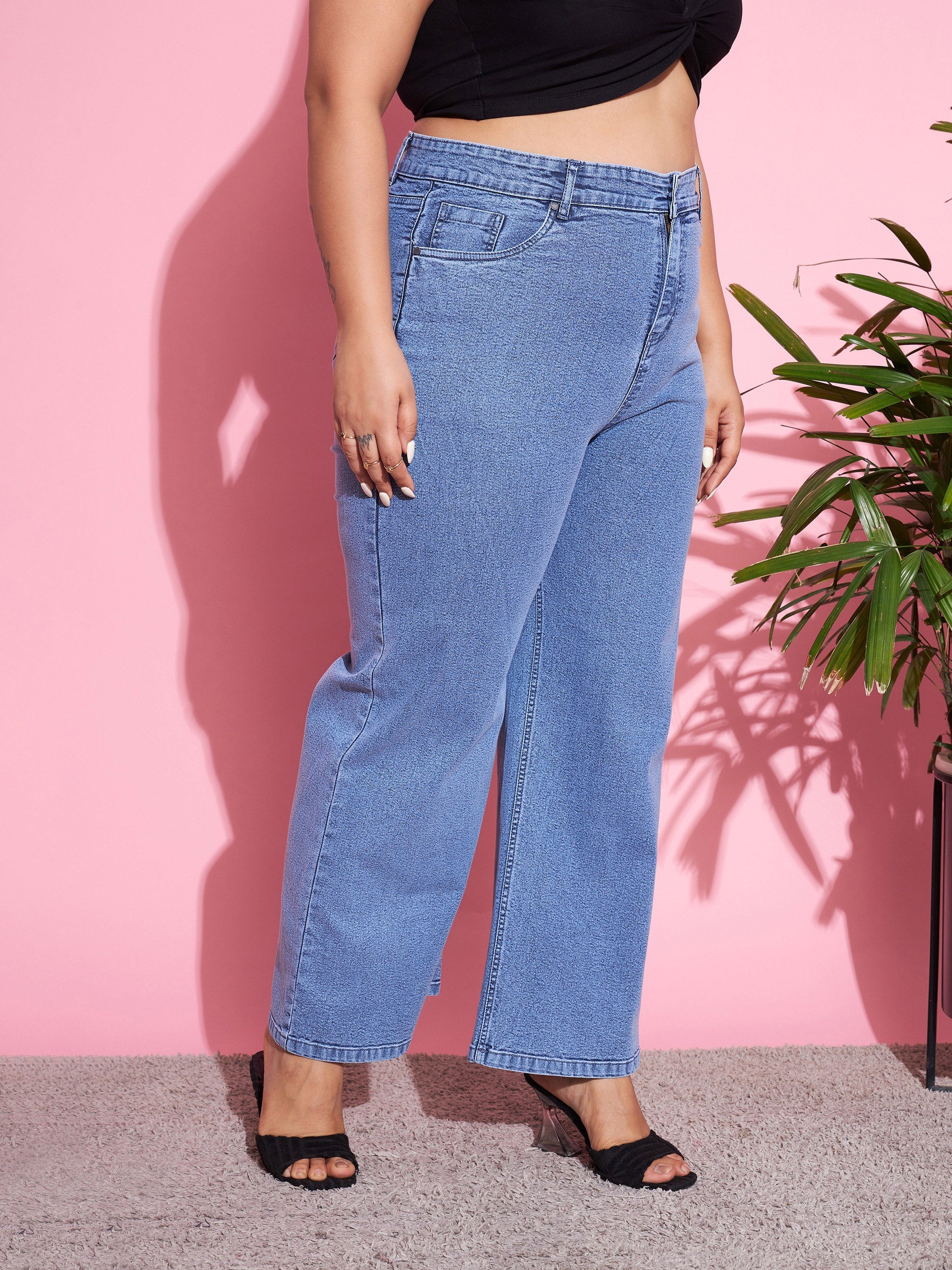 Women Blue Acid Wash Denim Straight Jeans - Image 3