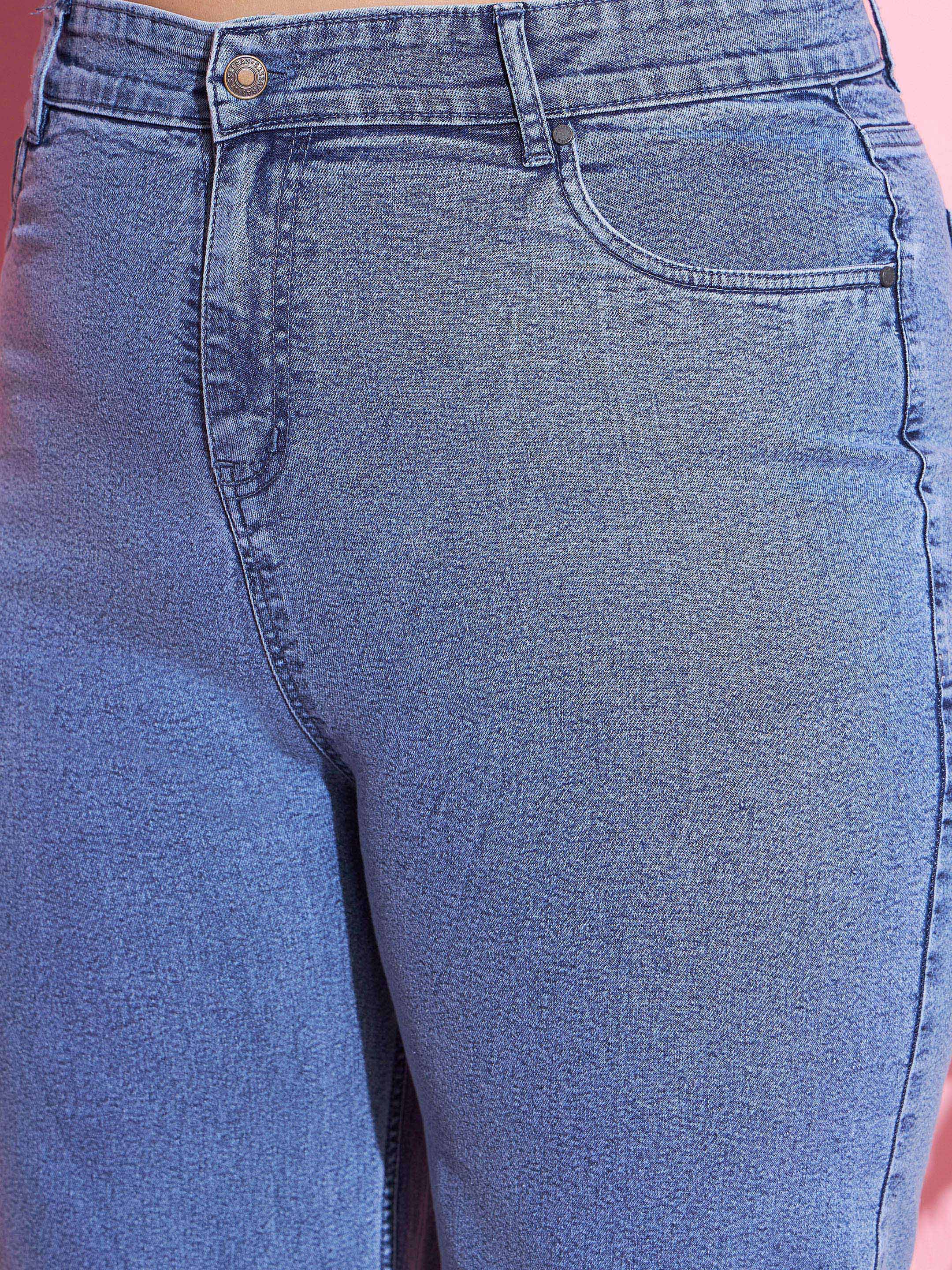 Women Blue Acid Wash Denim Straight Jeans - Image 4