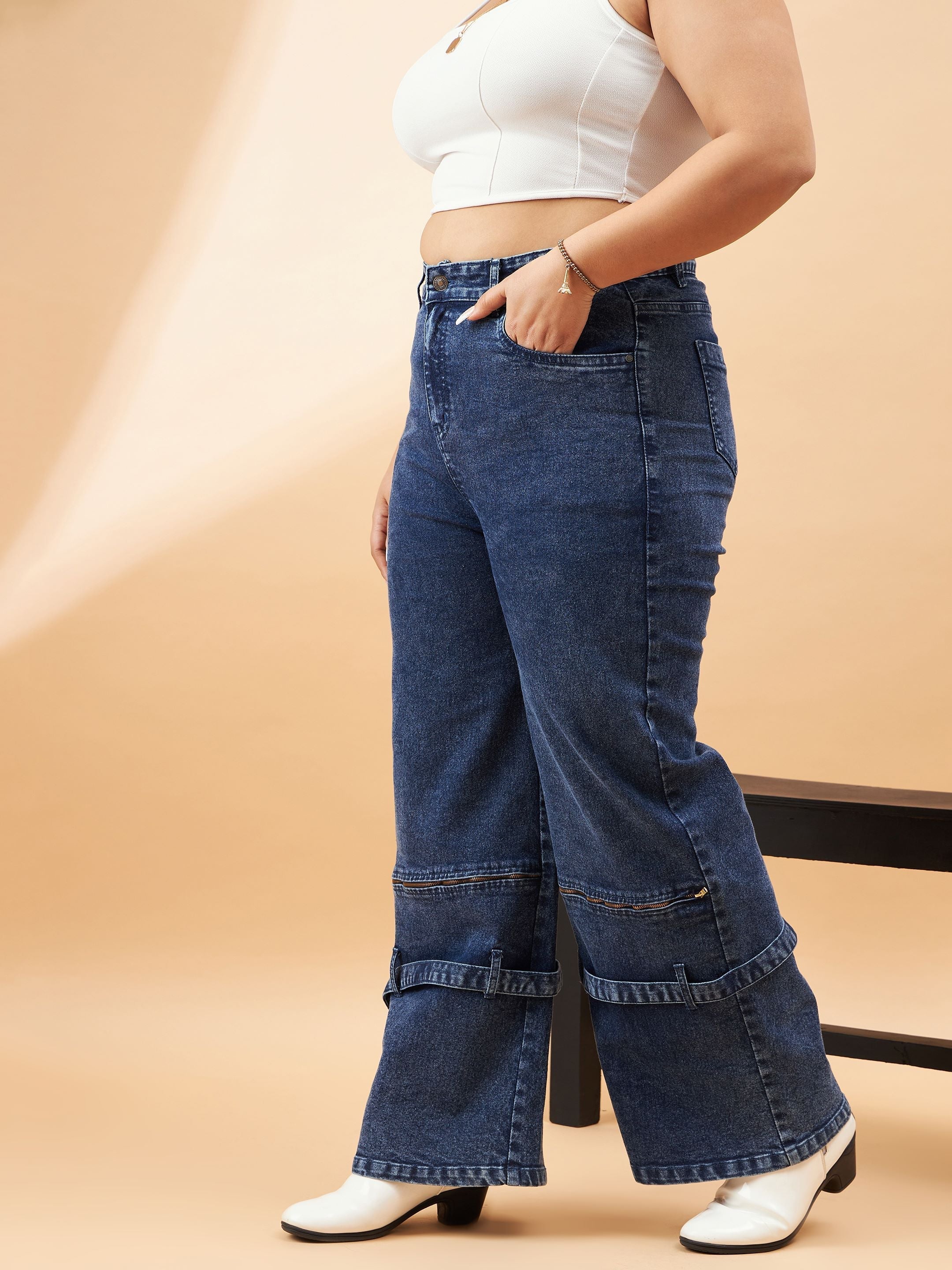 Women Blue Acid Wash Hem Zipper Detail Straight Jeans - Image 3