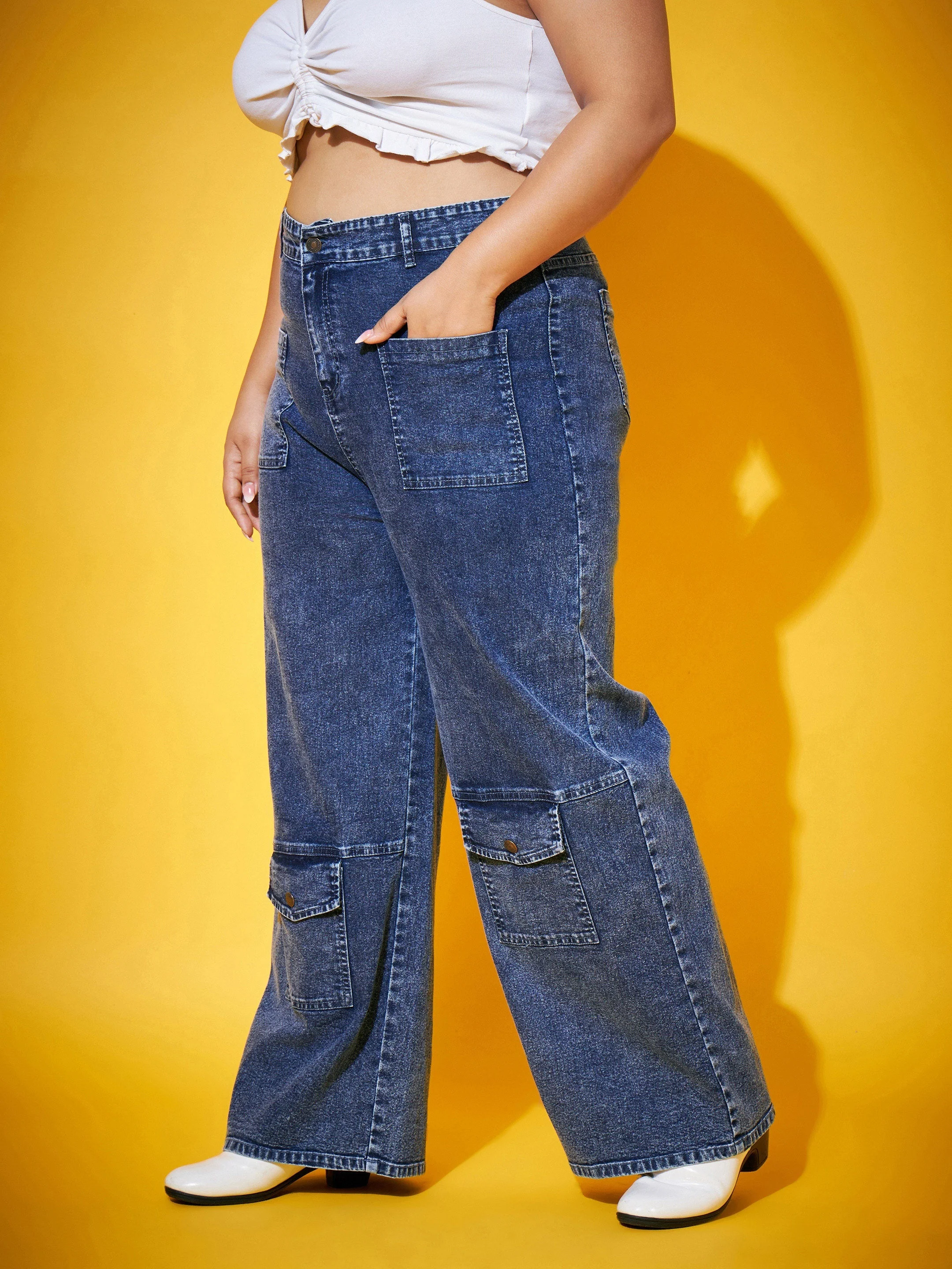 Women Blue Acid Wash Multi Pocket Straight Jeans - Image 3