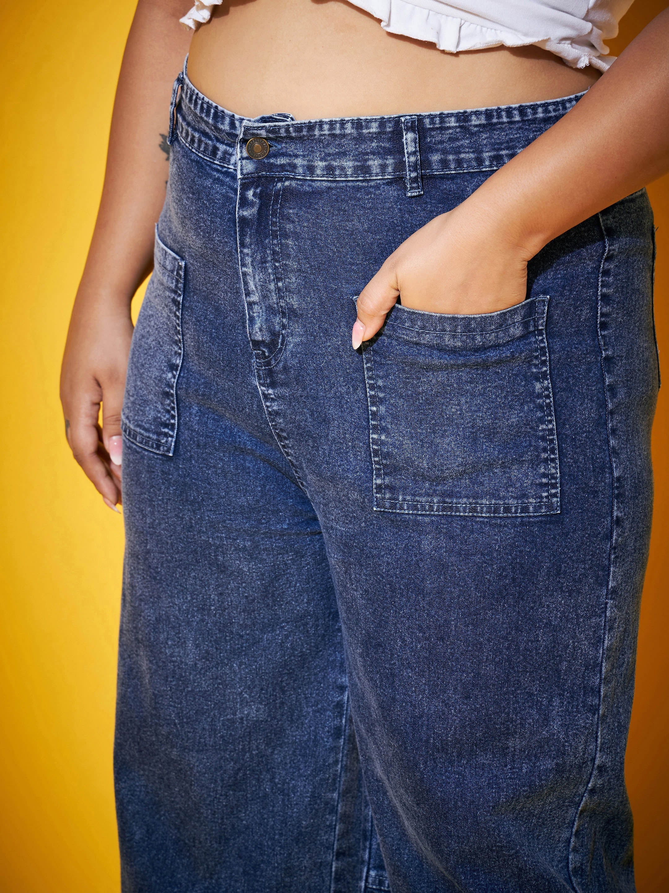 Women Blue Acid Wash Multi Pocket Straight Jeans - Image 4