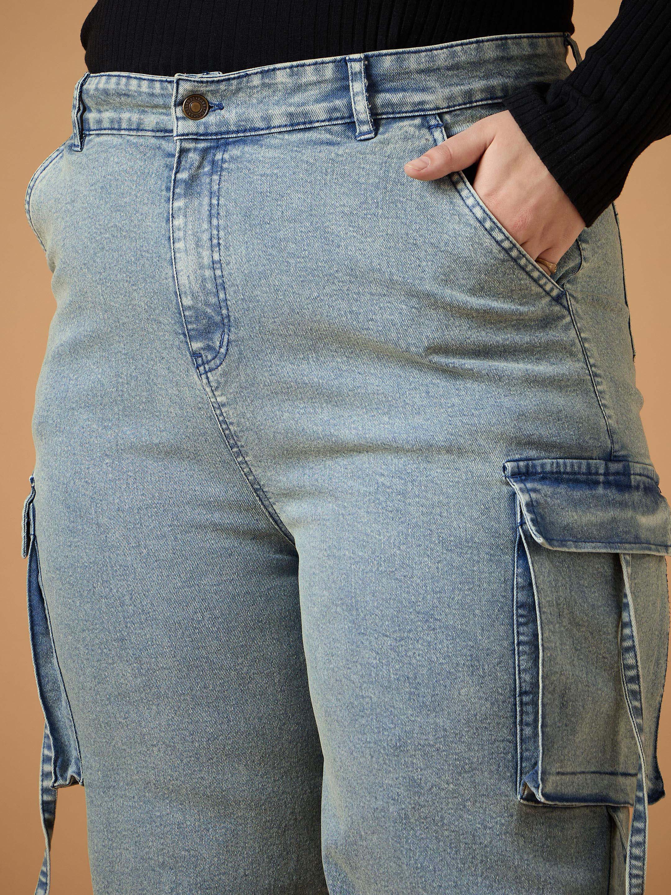 Women Blue Acid Wash Side Pocket Straight Fit Jeans - Image 4