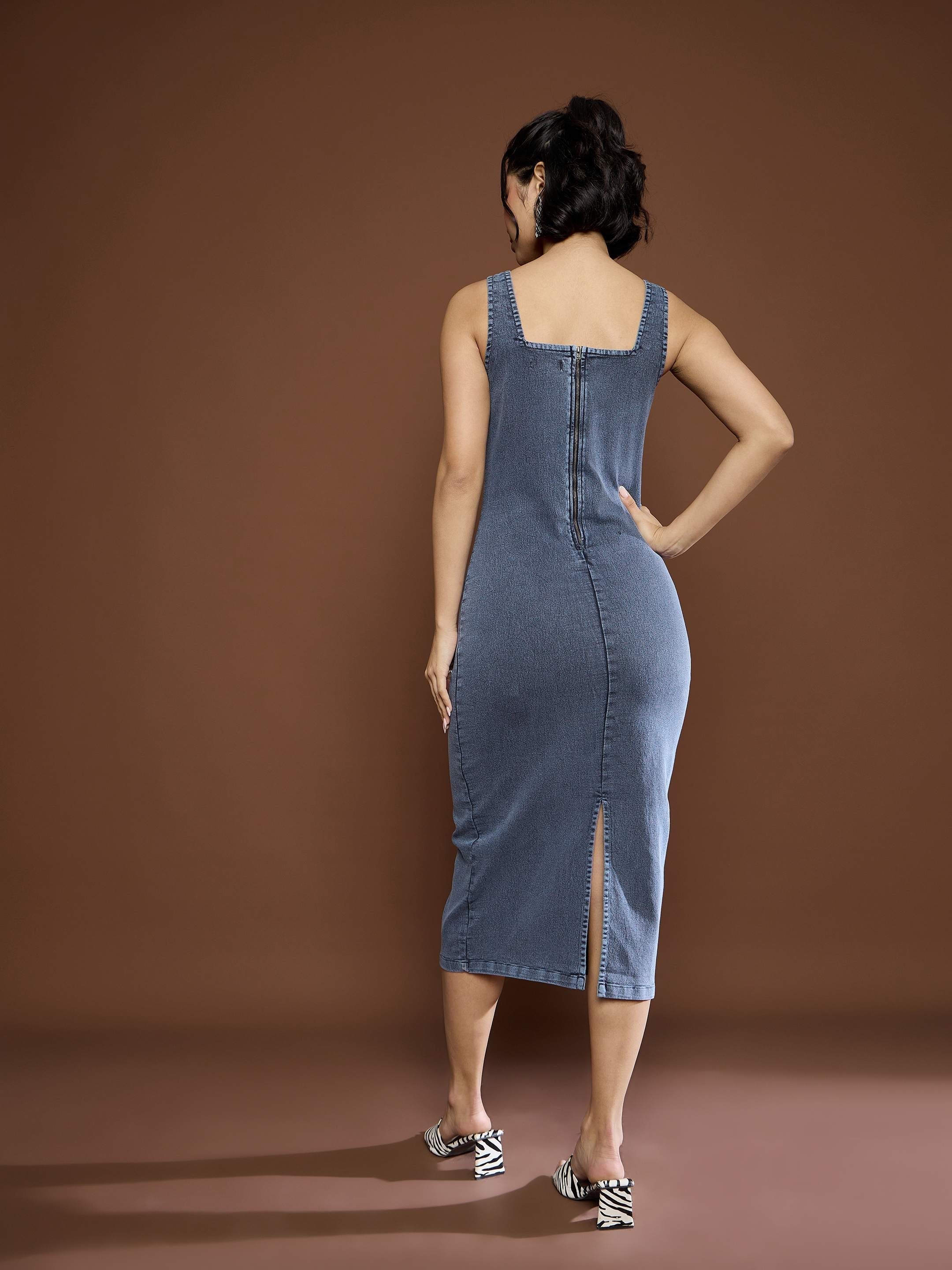 Women Blue Acid Wash Strappy Midi Dress - Image 5