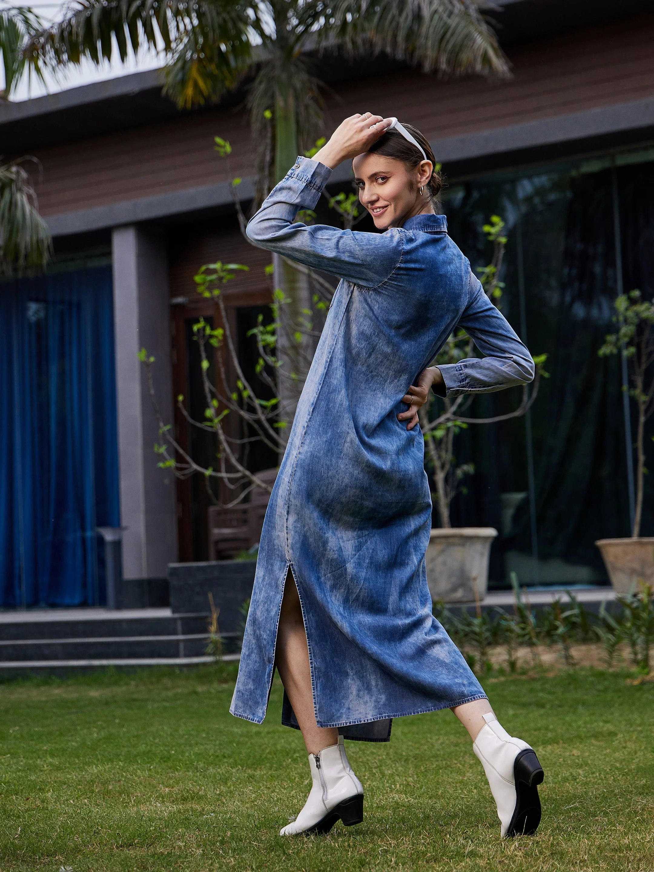 Women Blue Acid Wash Tencel Maxi Shirt Dress - Image 2