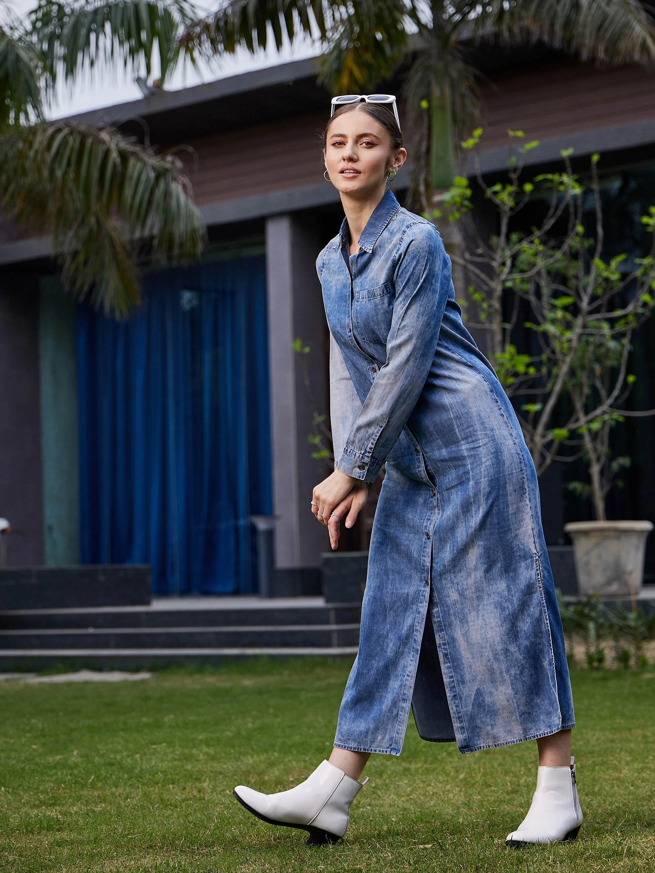 Women Blue Acid Wash Tencel Maxi Shirt Dress - Image 3