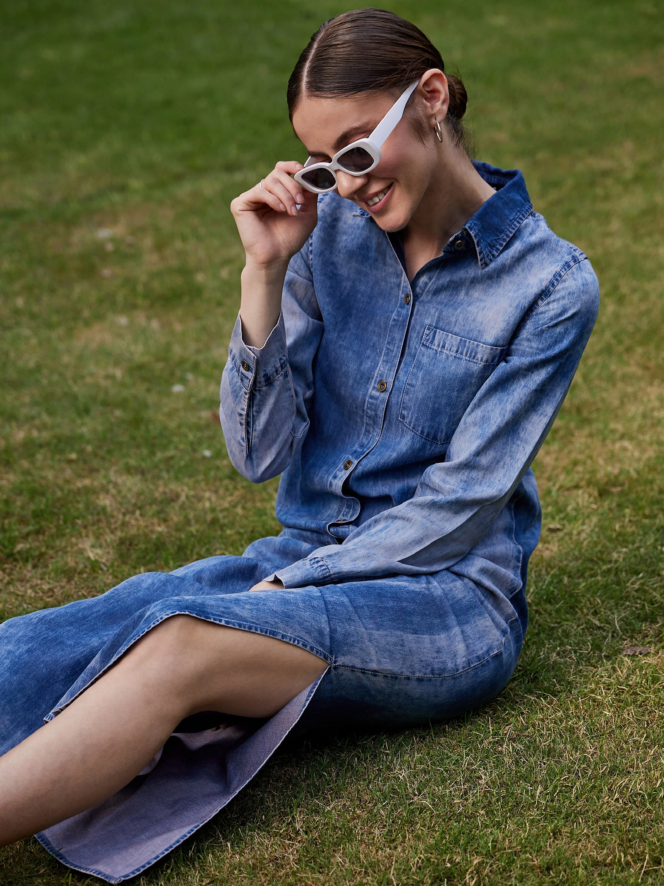 Women Blue Acid Wash Tencel Maxi Shirt Dress - Image 4