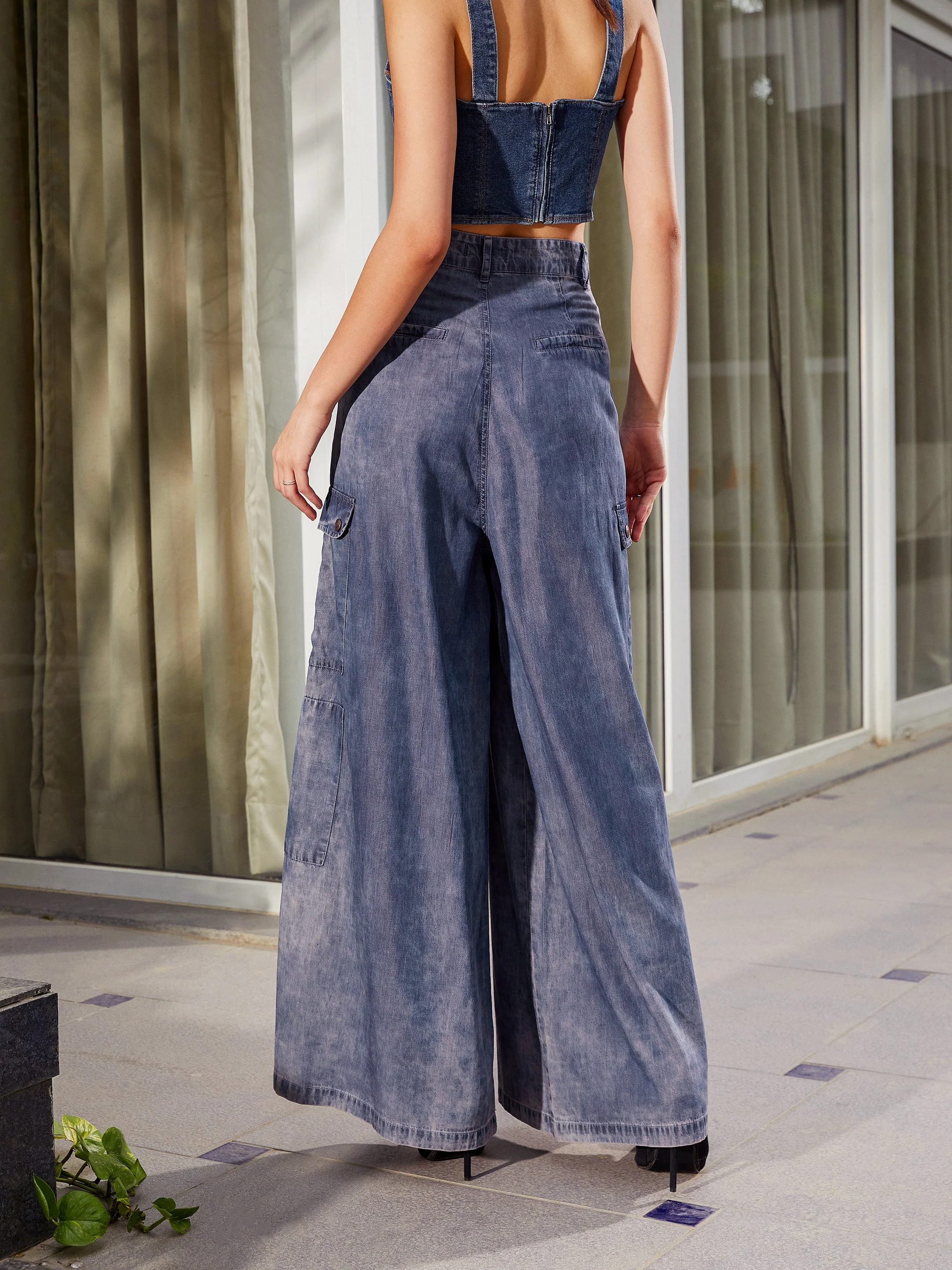 Women Blue Acid Wash Tencel Wide Leg Pants - Image 2
