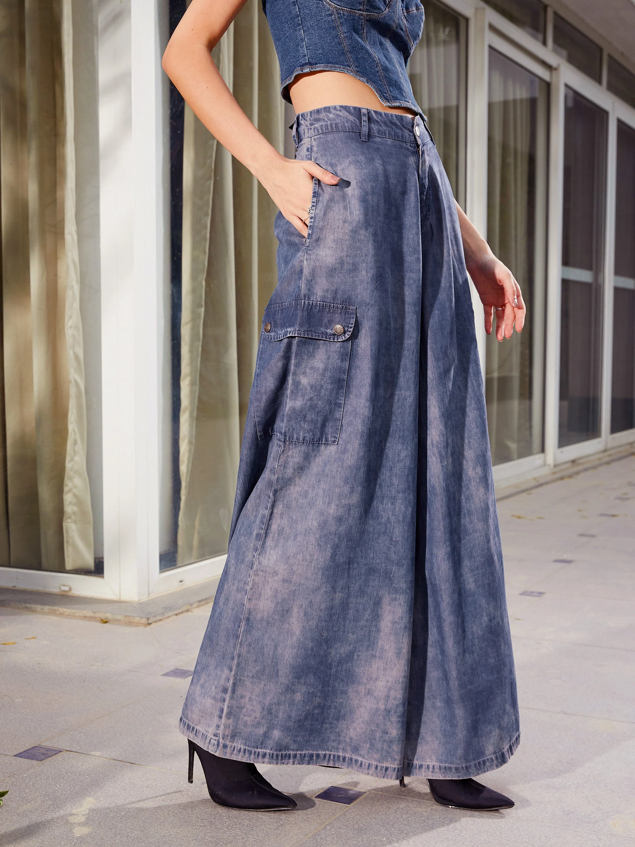 Women Blue Acid Wash Tencel Wide Leg Pants - Image 3