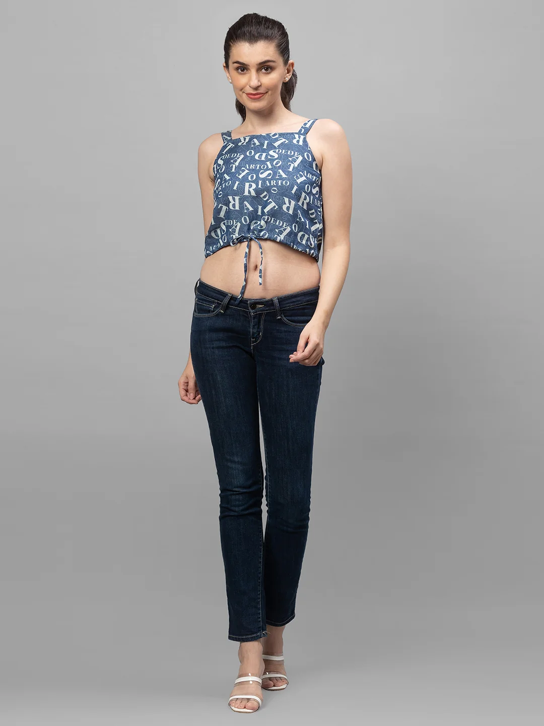 Women Blue Printed Crop Top - Image 2