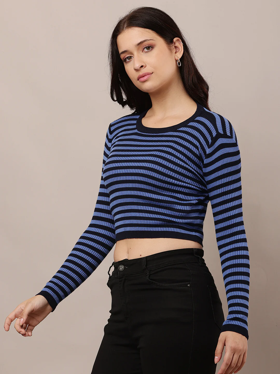 Women Blue & Black Round Neck Sweater - Image 2